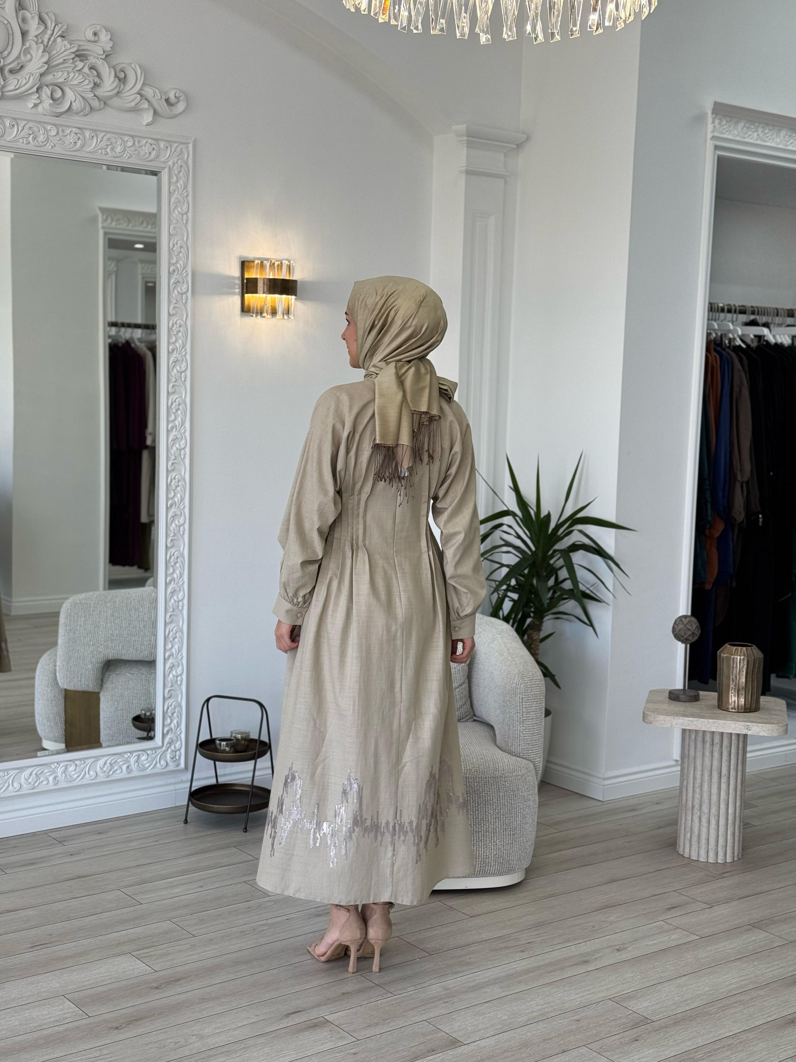 Niqozza Fausta Pul Nakışlı Elbise Bej 25ss50187