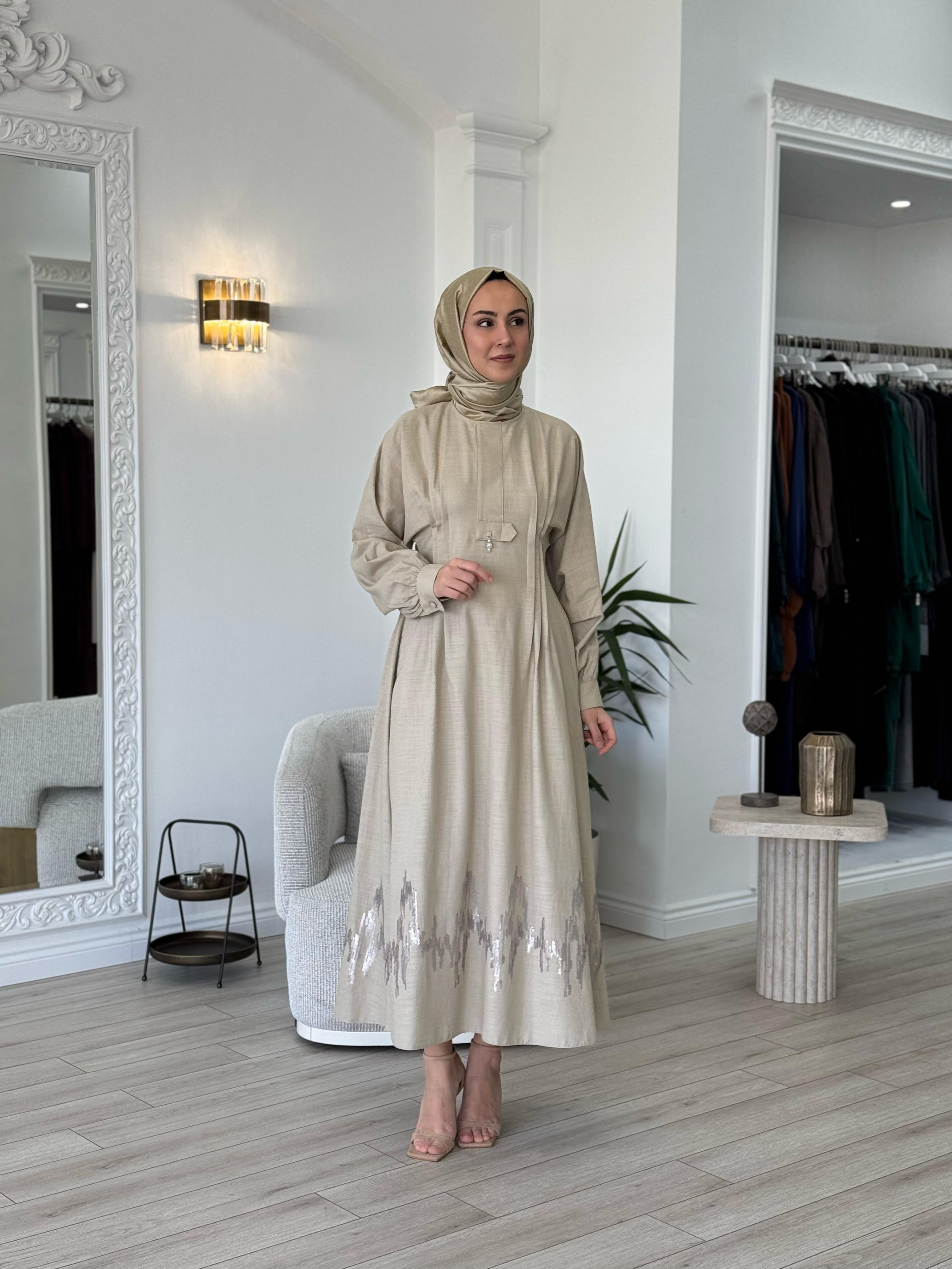 Niqozza Fausta Pul Nakışlı Elbise Bej 25ss50187