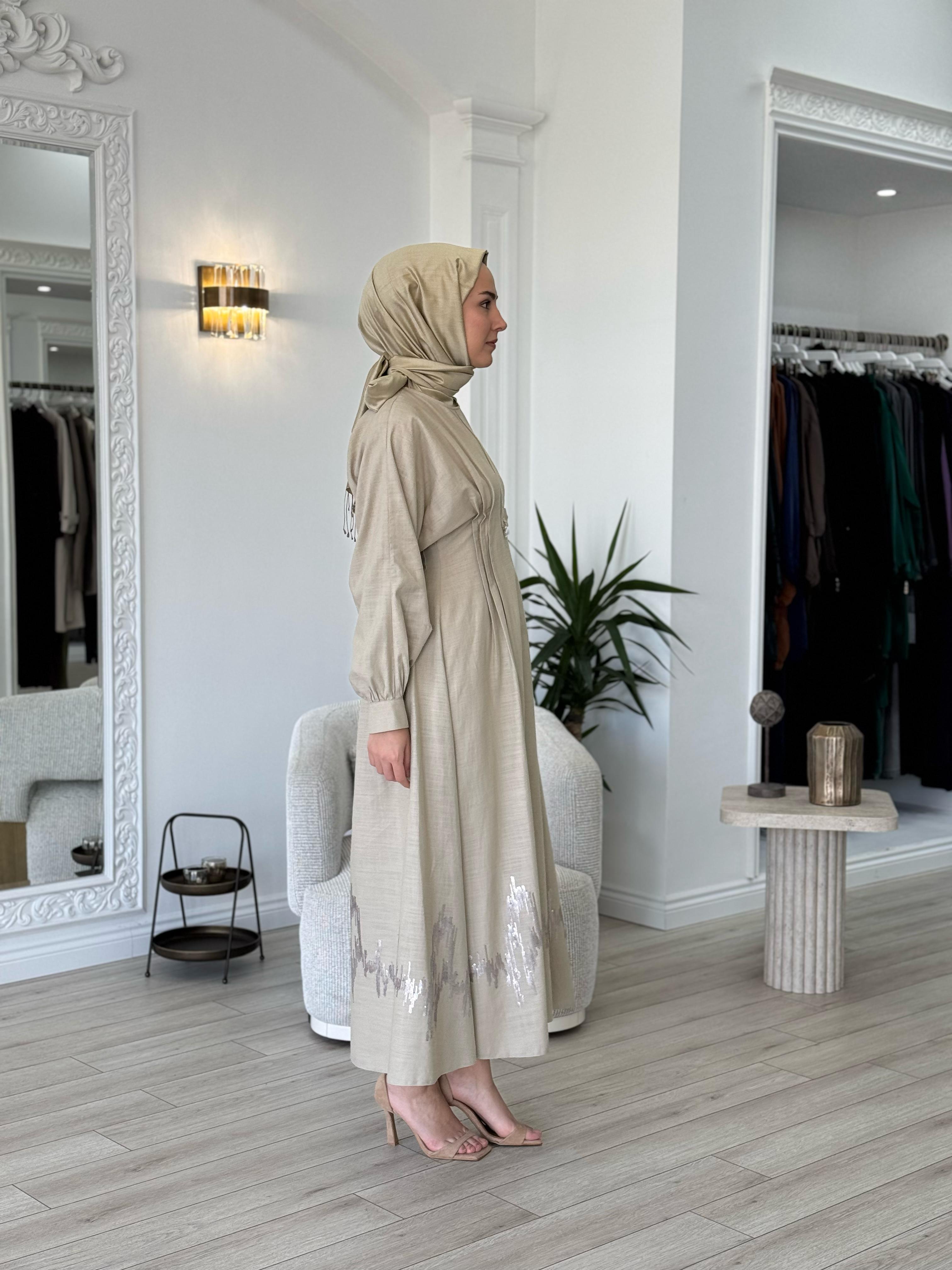 Niqozza Fausta Pul Nakışlı Elbise Bej 25ss50187