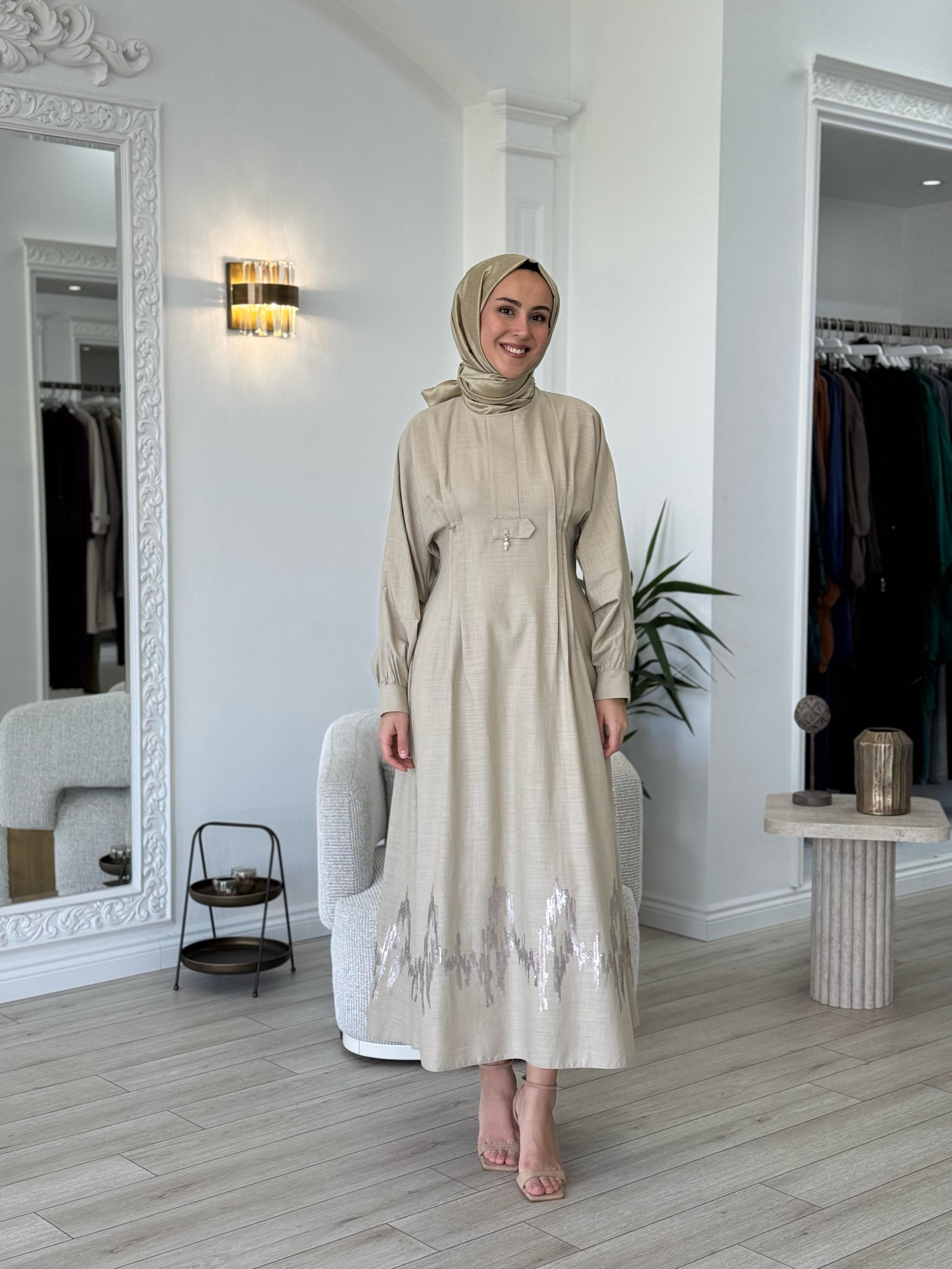 Niqozza Fausta Pul Nakışlı Elbise Bej 25ss50187