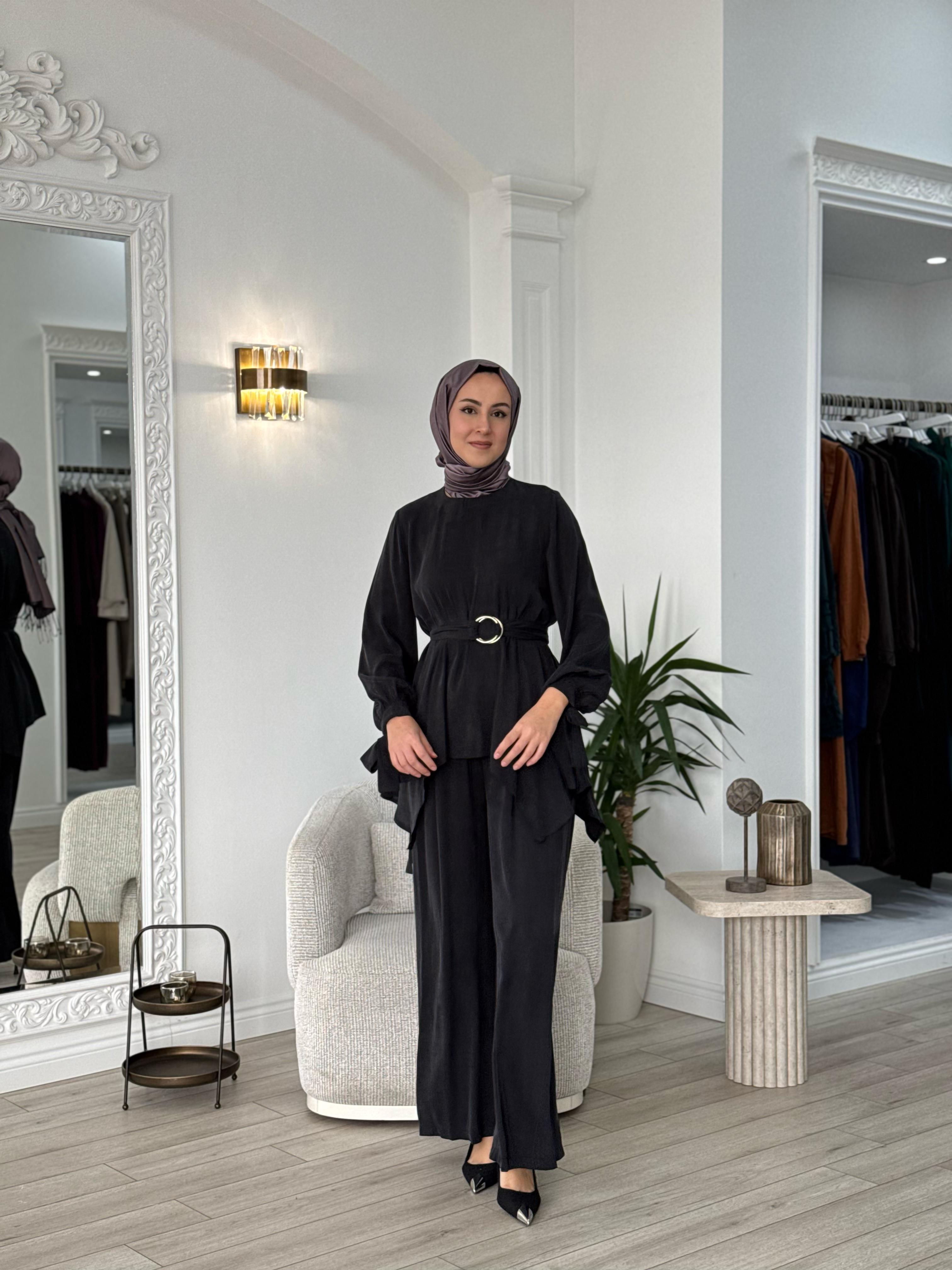 Niqozza Ginny İpek Bluz Pantolon Takım Siyah 25ss60161