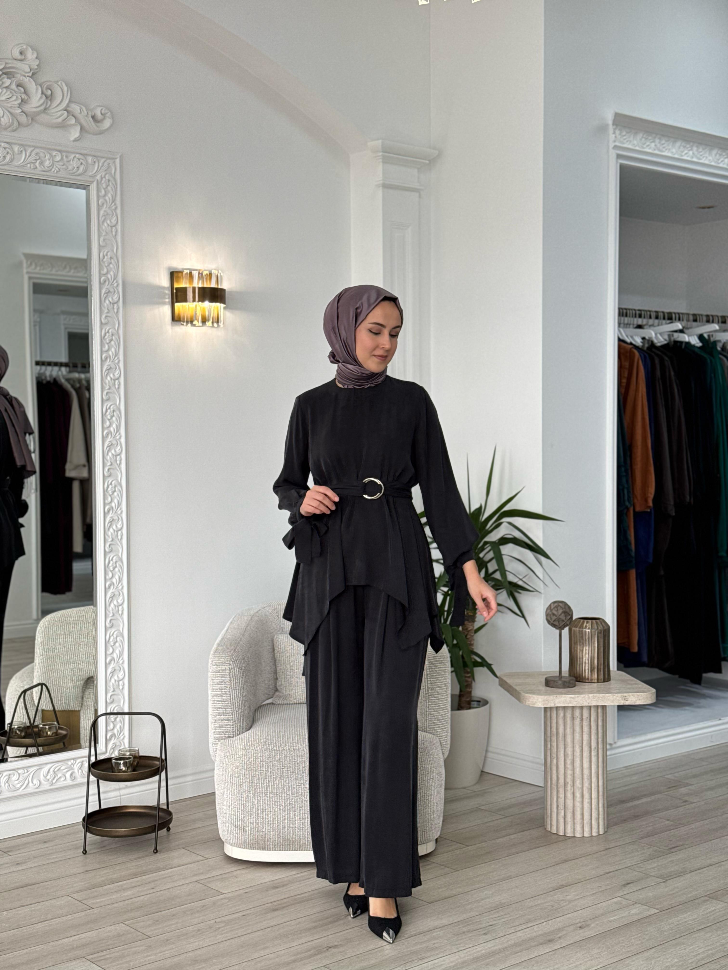 Niqozza Ginny İpek Bluz Pantolon Takım Siyah 25ss60161