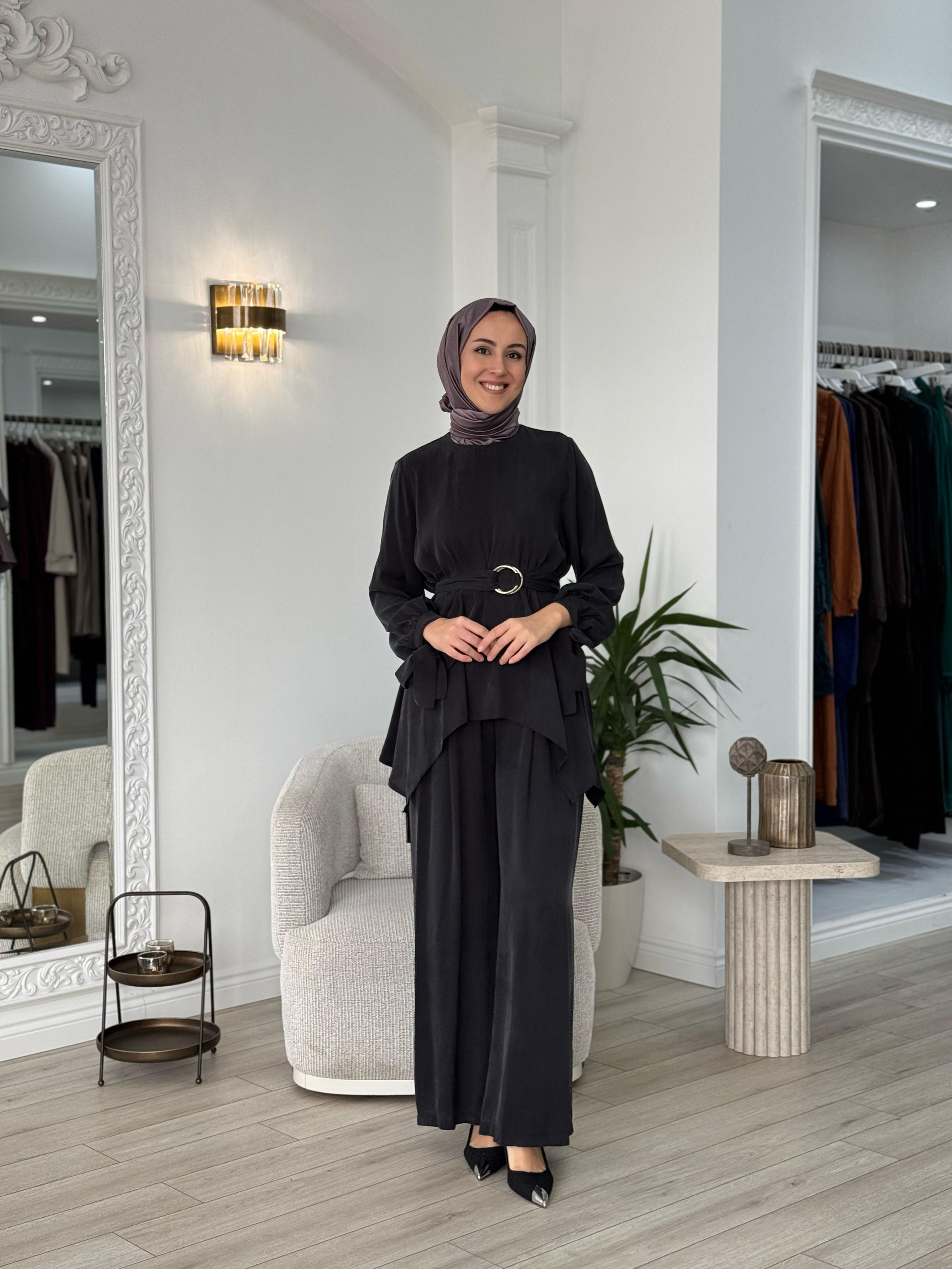 Niqozza Ginny İpek Bluz Pantolon Takım Siyah 25ss60161