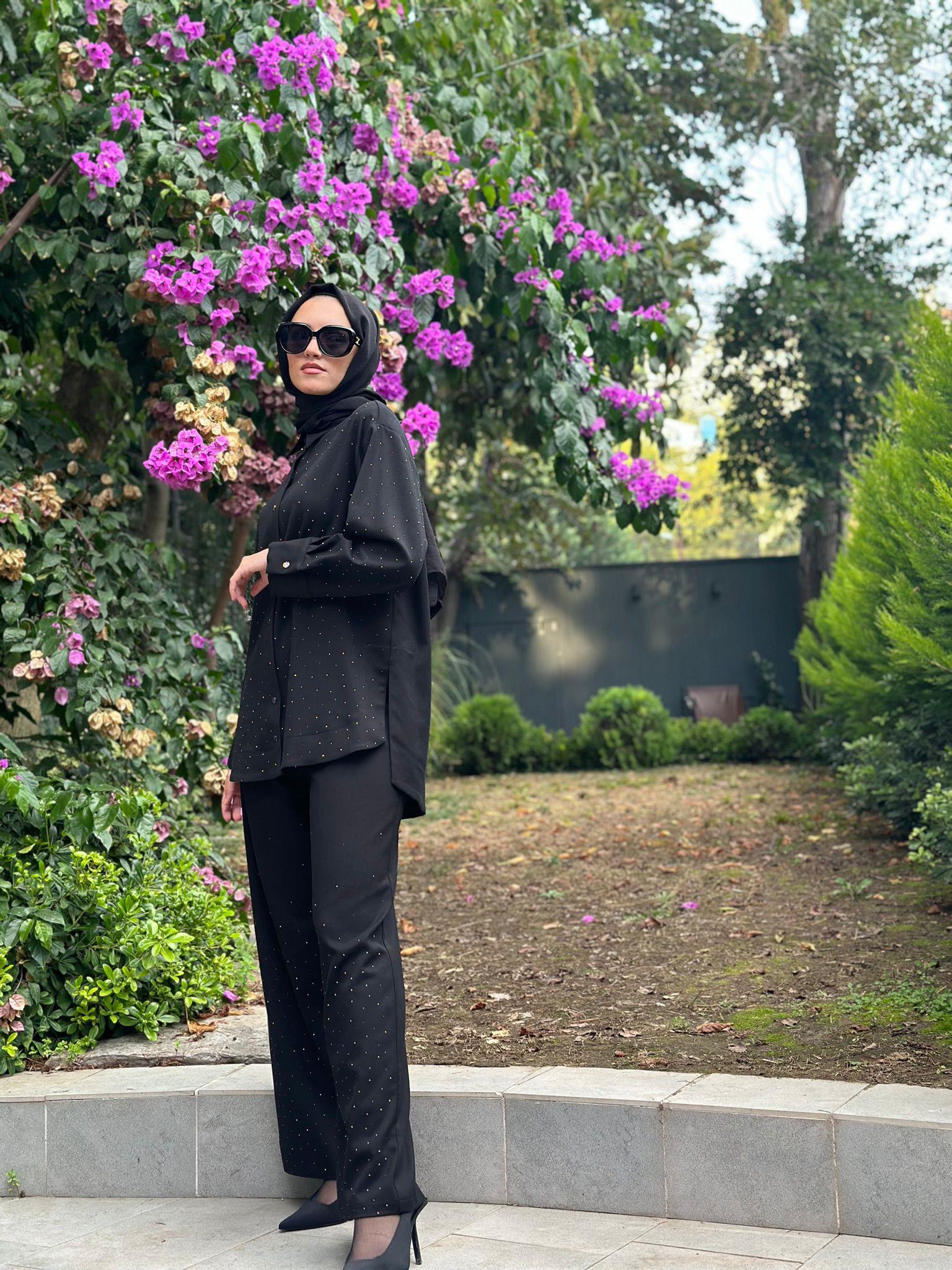 Niqozza İnes Taşlı Pantolonlu Takım Siyah Nq25fw-60136