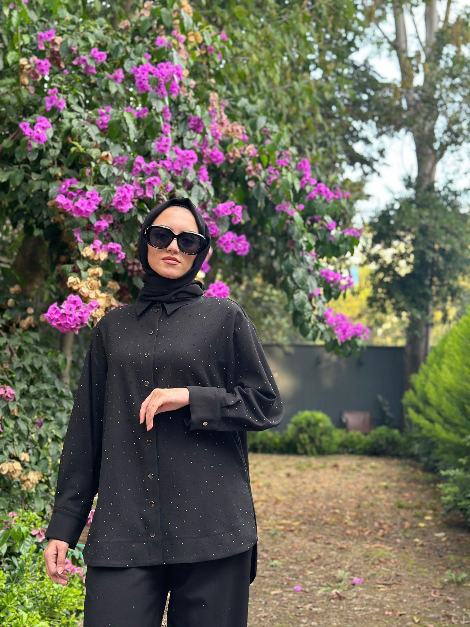 Niqozza İnes Taşlı Pantolonlu Takım Siyah Nq25fw-60136