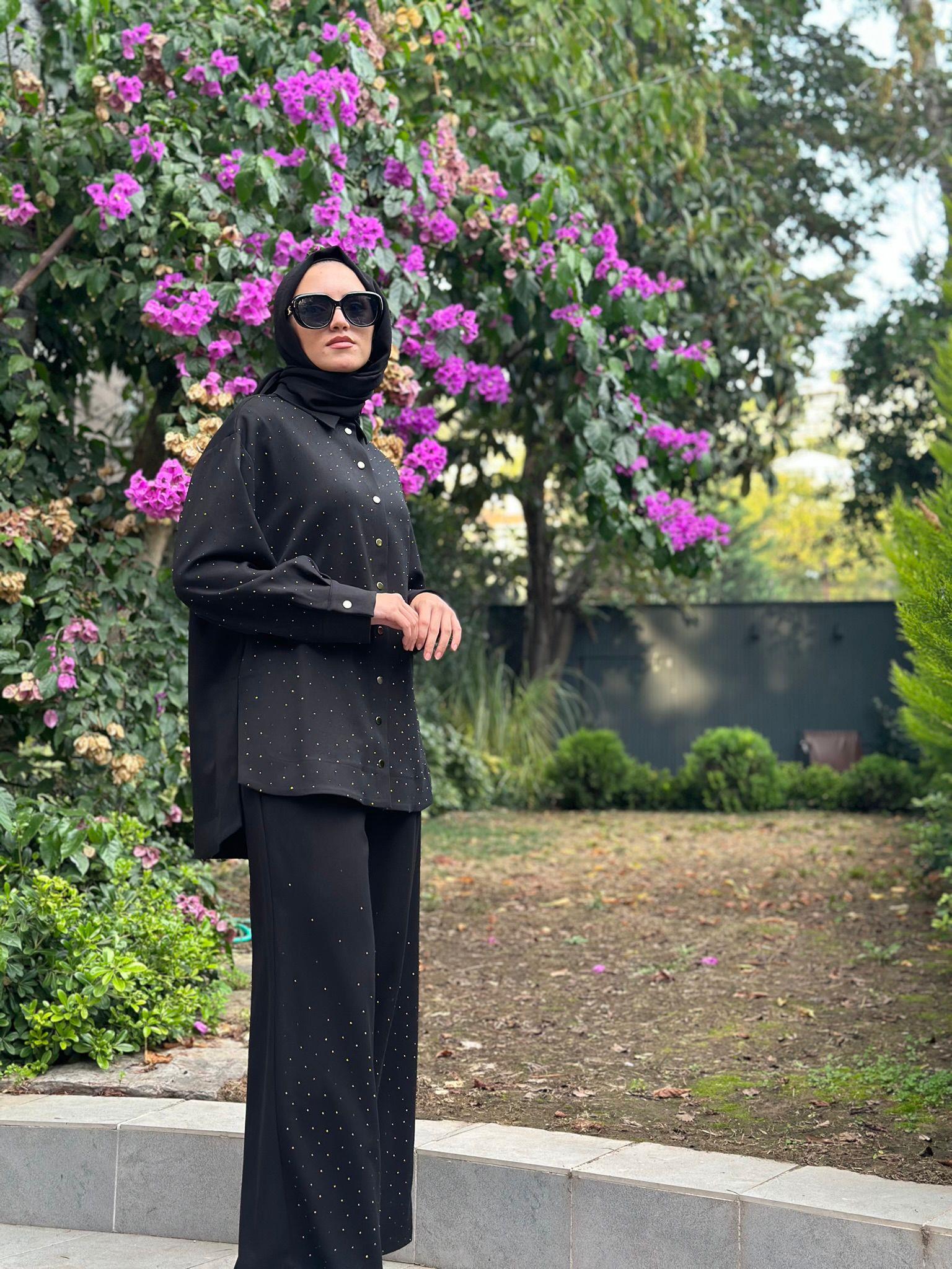 Niqozza İnes Taşlı Pantolonlu Takım Siyah Nq25fw-60136