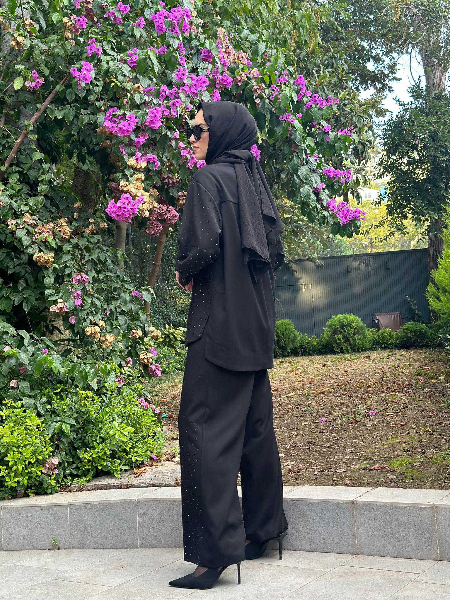 Niqozza İnes Taşlı Pantolonlu Takım Siyah Nq25fw-60136