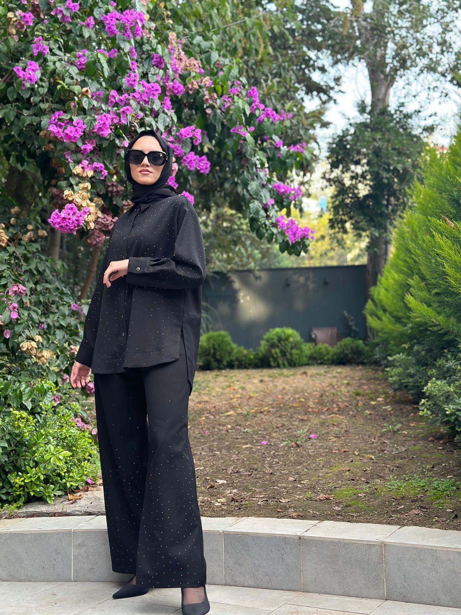 Niqozza İnes Taşlı Pantolonlu Takım Siyah Nq25fw-60136