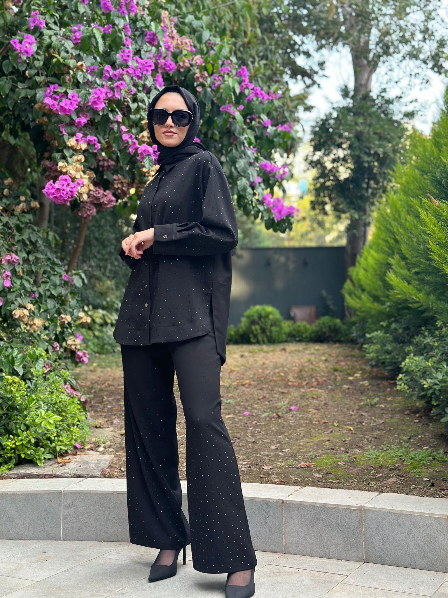 Niqozza İnes Taşlı Pantolonlu Takım Siyah Nq25fw-60136