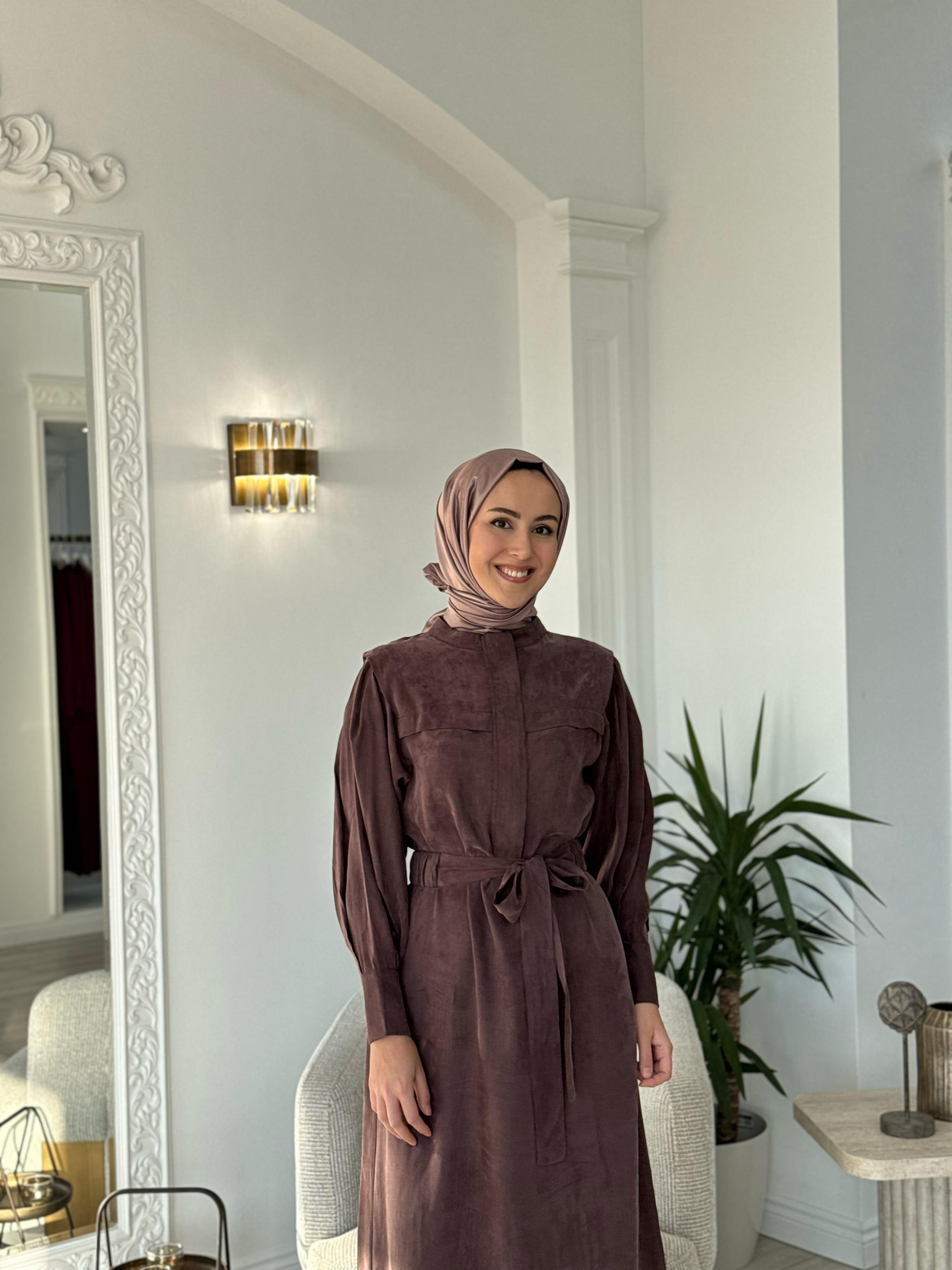 Niqozza Lilia İpek Fermuarlı Elbise Kahve 25ss50172