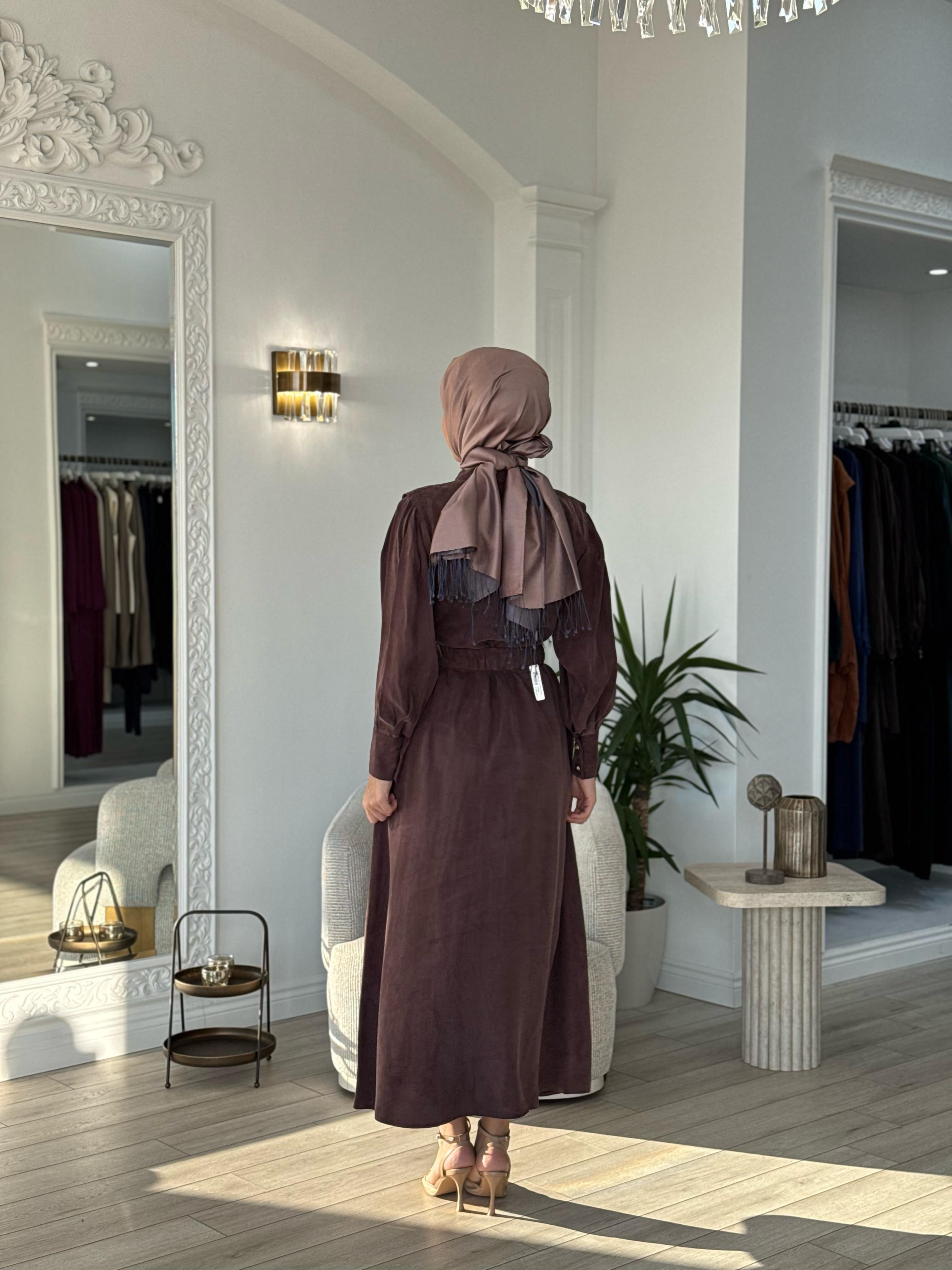 Niqozza Lilia İpek Fermuarlı Elbise Kahve 25ss50172