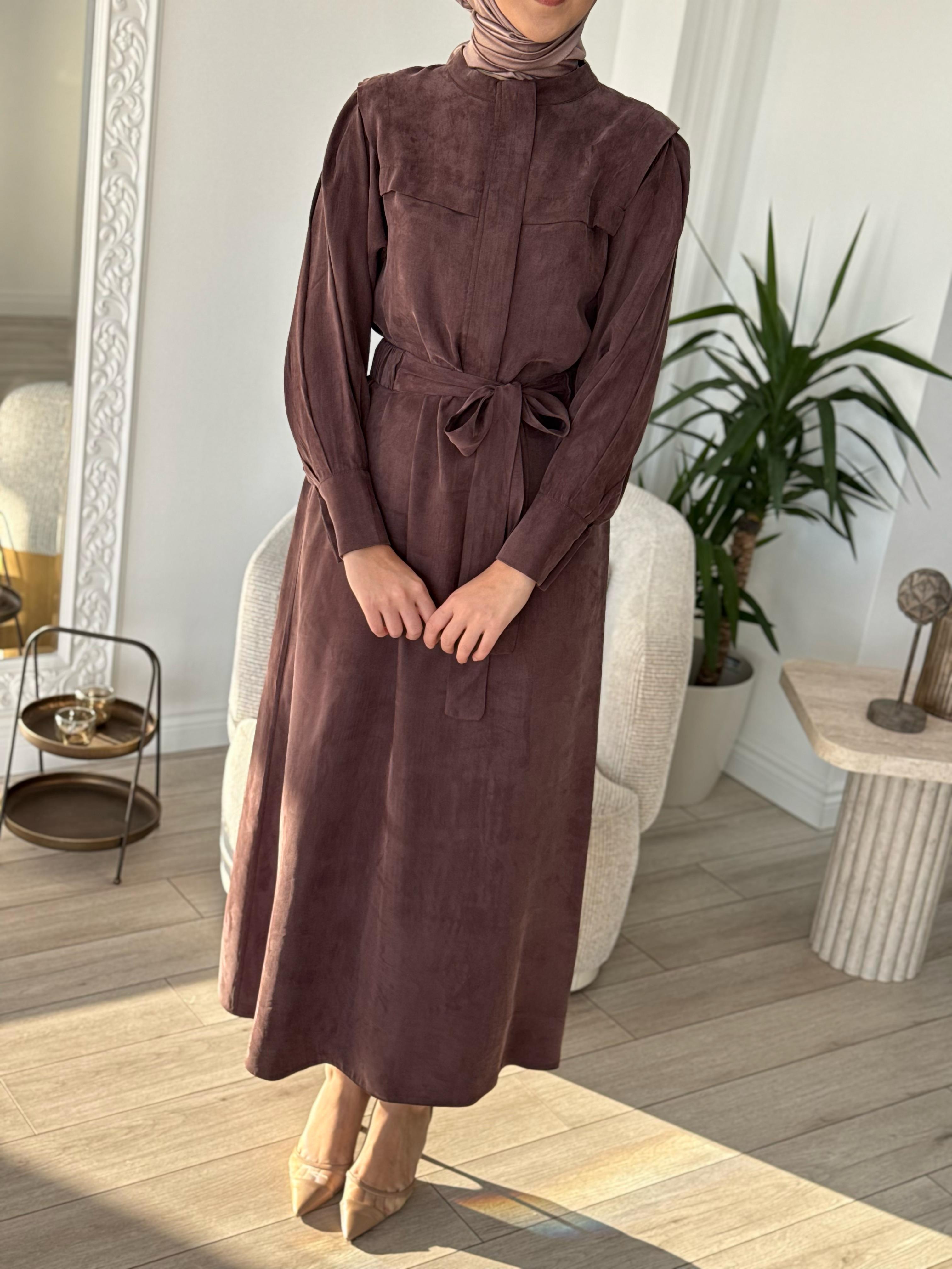 Niqozza Lilia İpek Fermuarlı Elbise Kahve 25ss50172