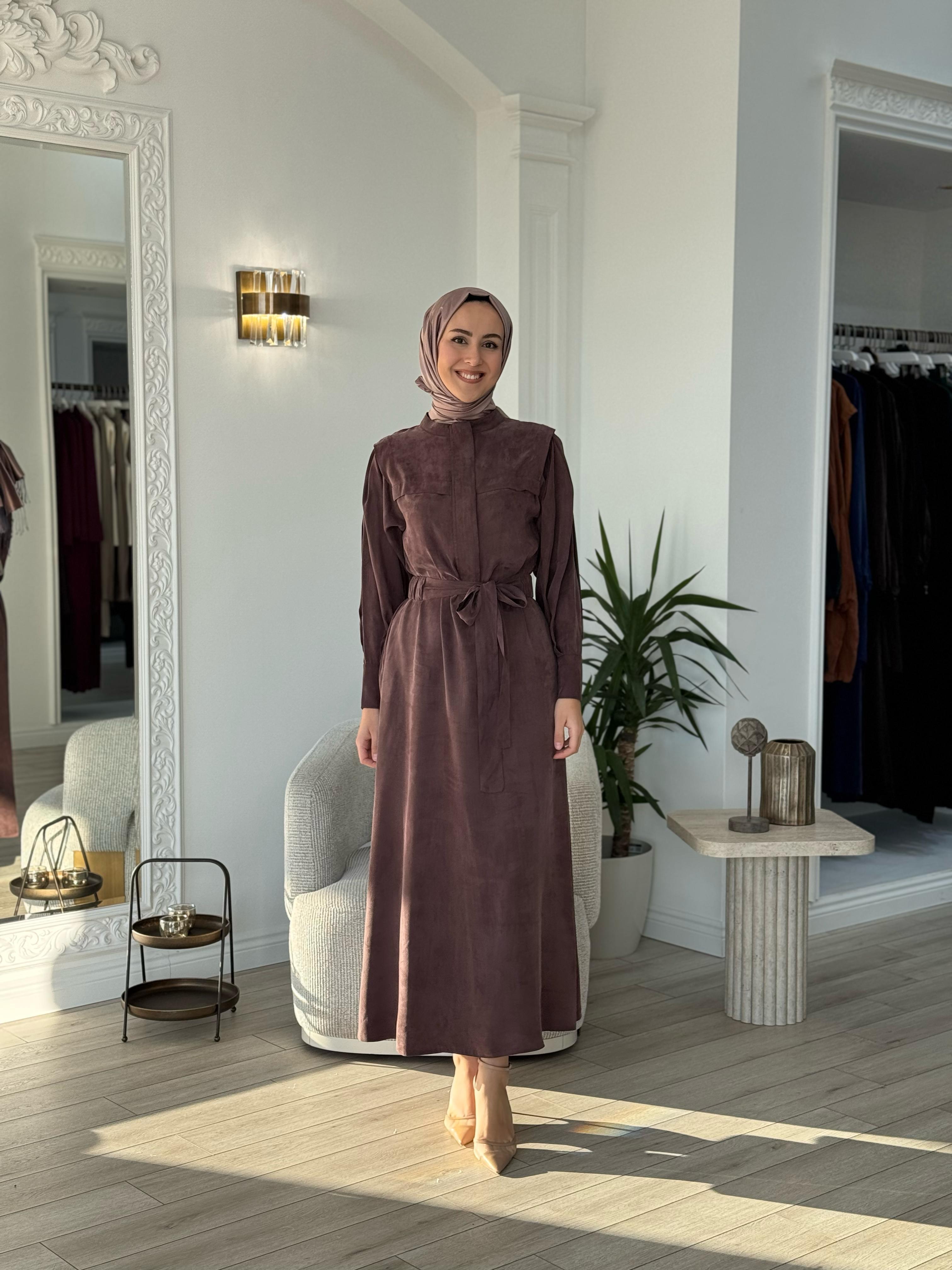 Niqozza Lilia İpek Fermuarlı Elbise Kahve 25ss50172