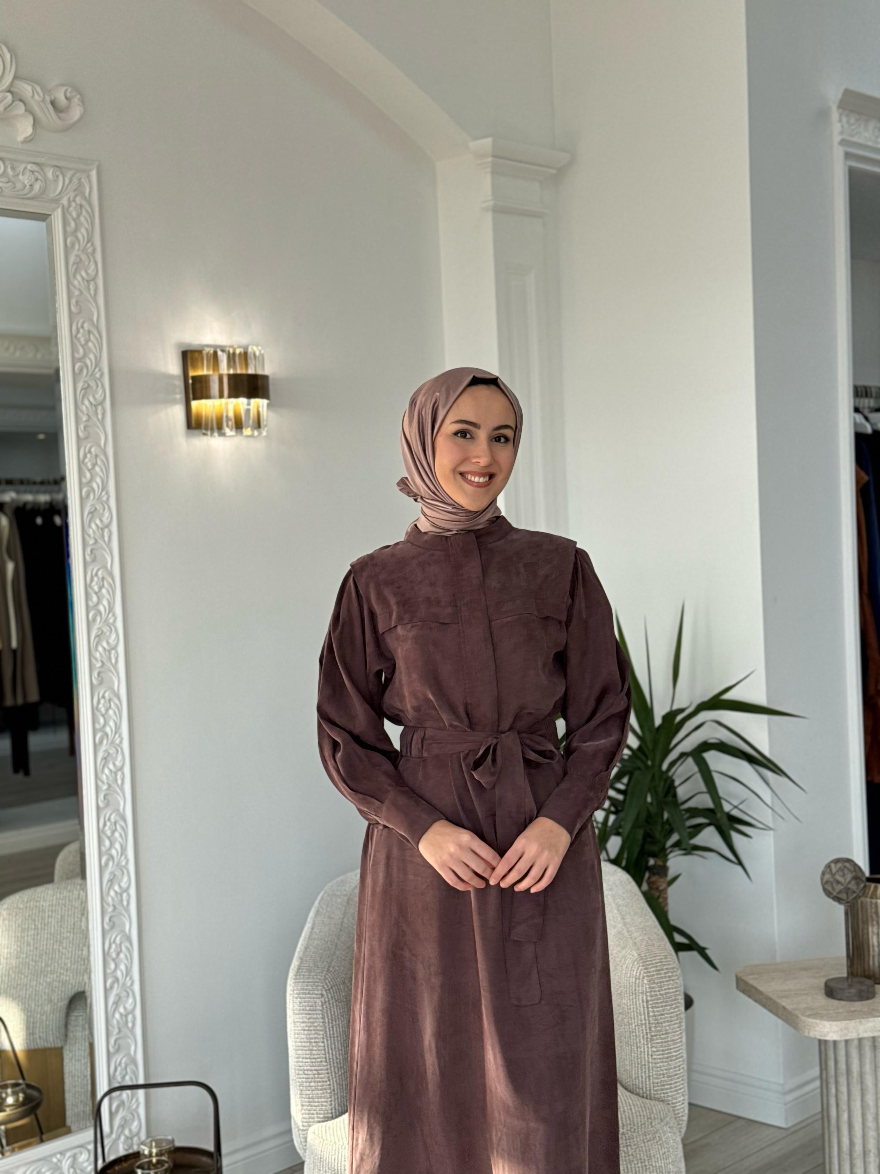 Niqozza Lilia İpek Fermuarlı Elbise Kahve 25ss50172