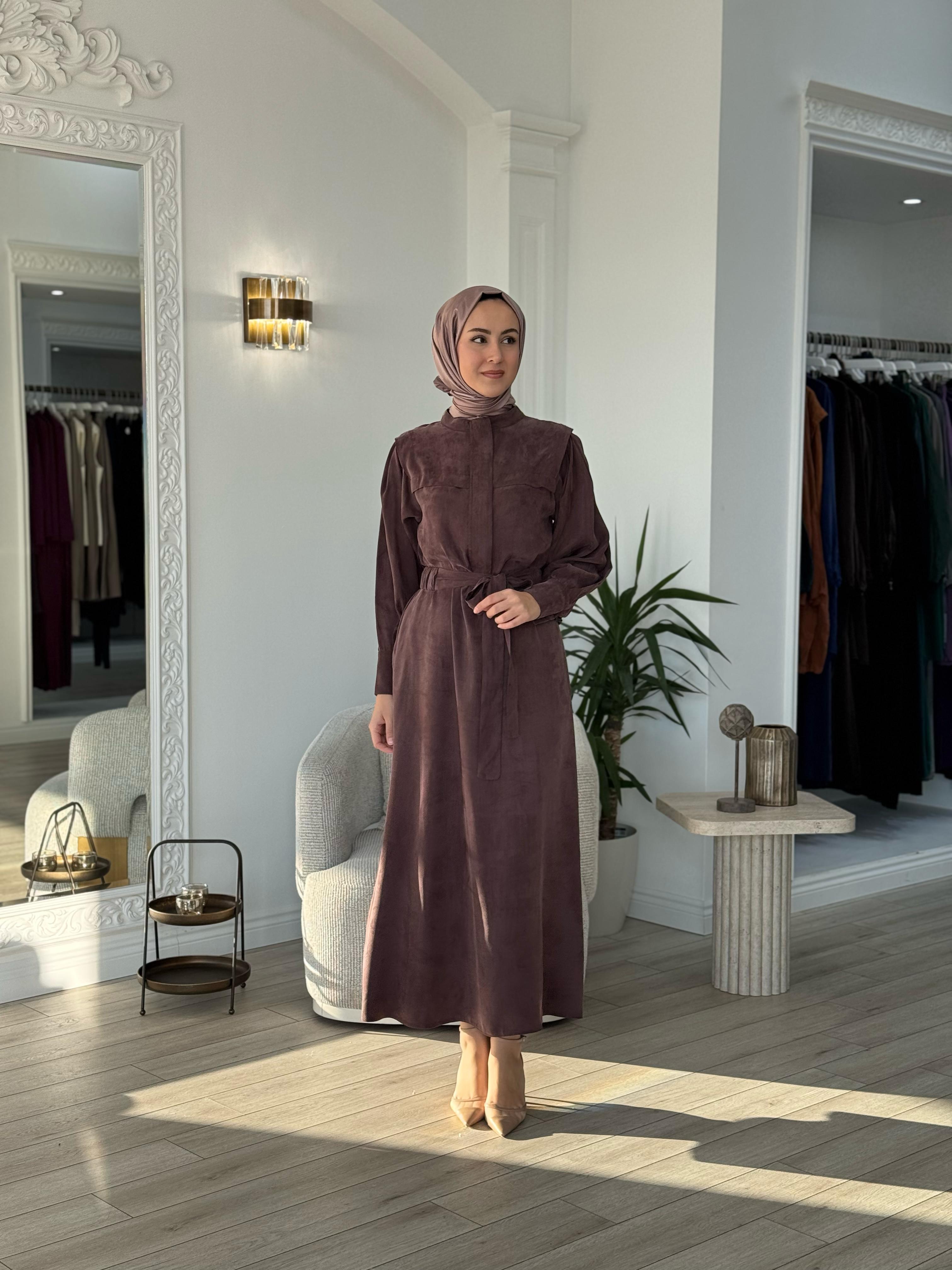 Niqozza Lilia İpek Fermuarlı Elbise Kahve 25ss50172