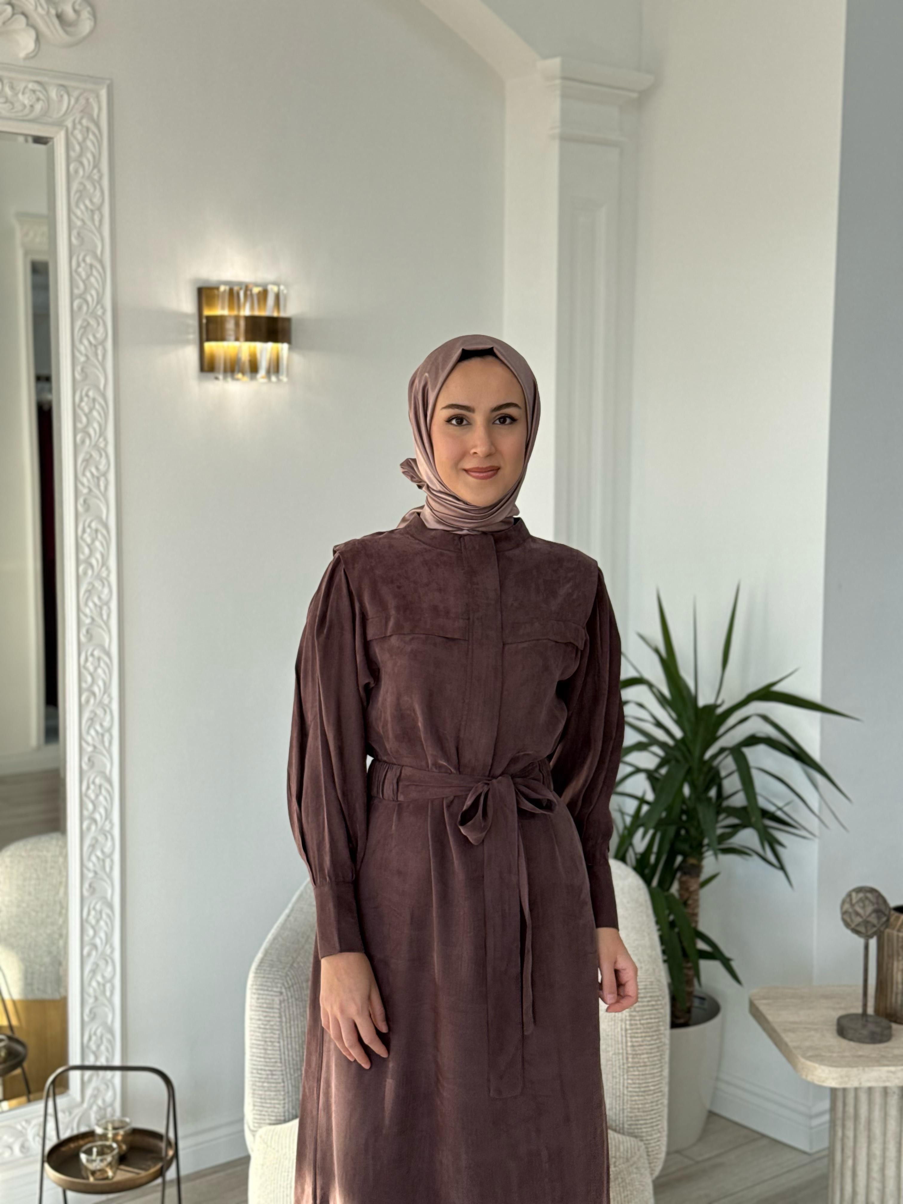 Niqozza Lilia İpek Fermuarlı Elbise Kahve 25ss50172