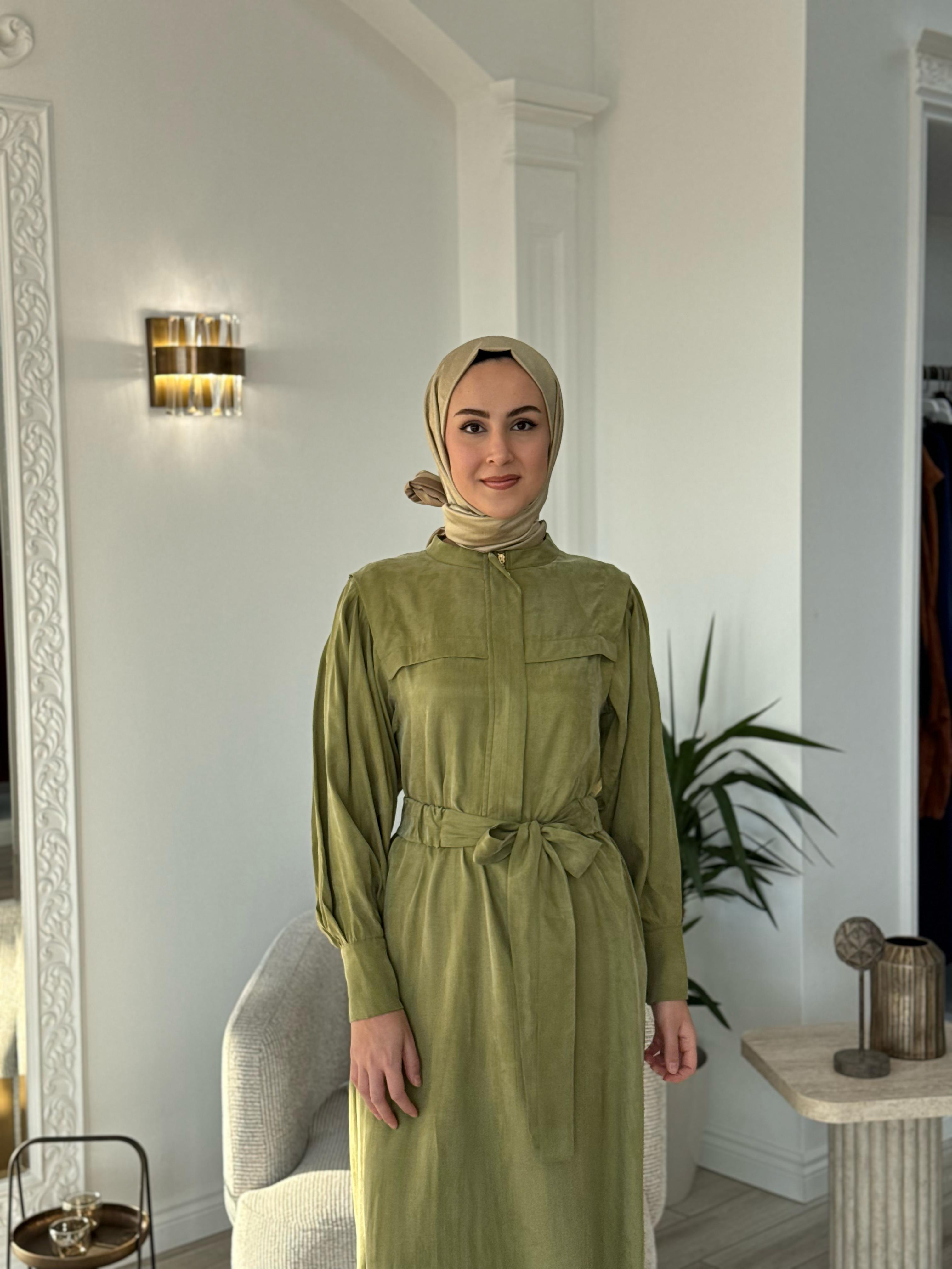 Niqozza Lilia İpek Fermuarlı Elbise Yeşil 25ss50172