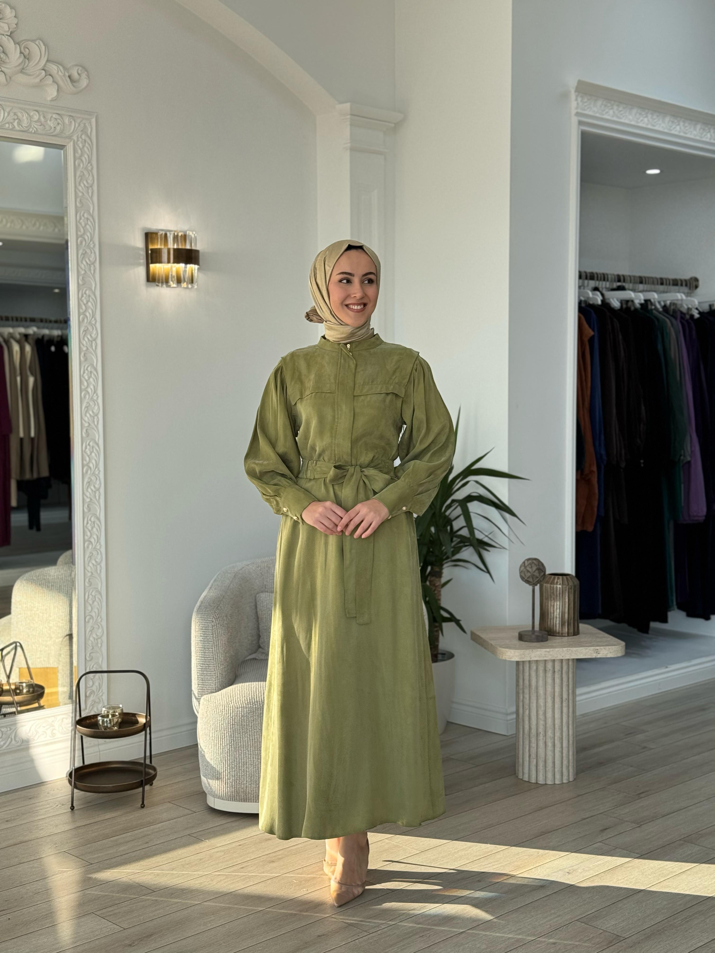 Niqozza Lilia İpek Fermuarlı Elbise Yeşil 25ss50172