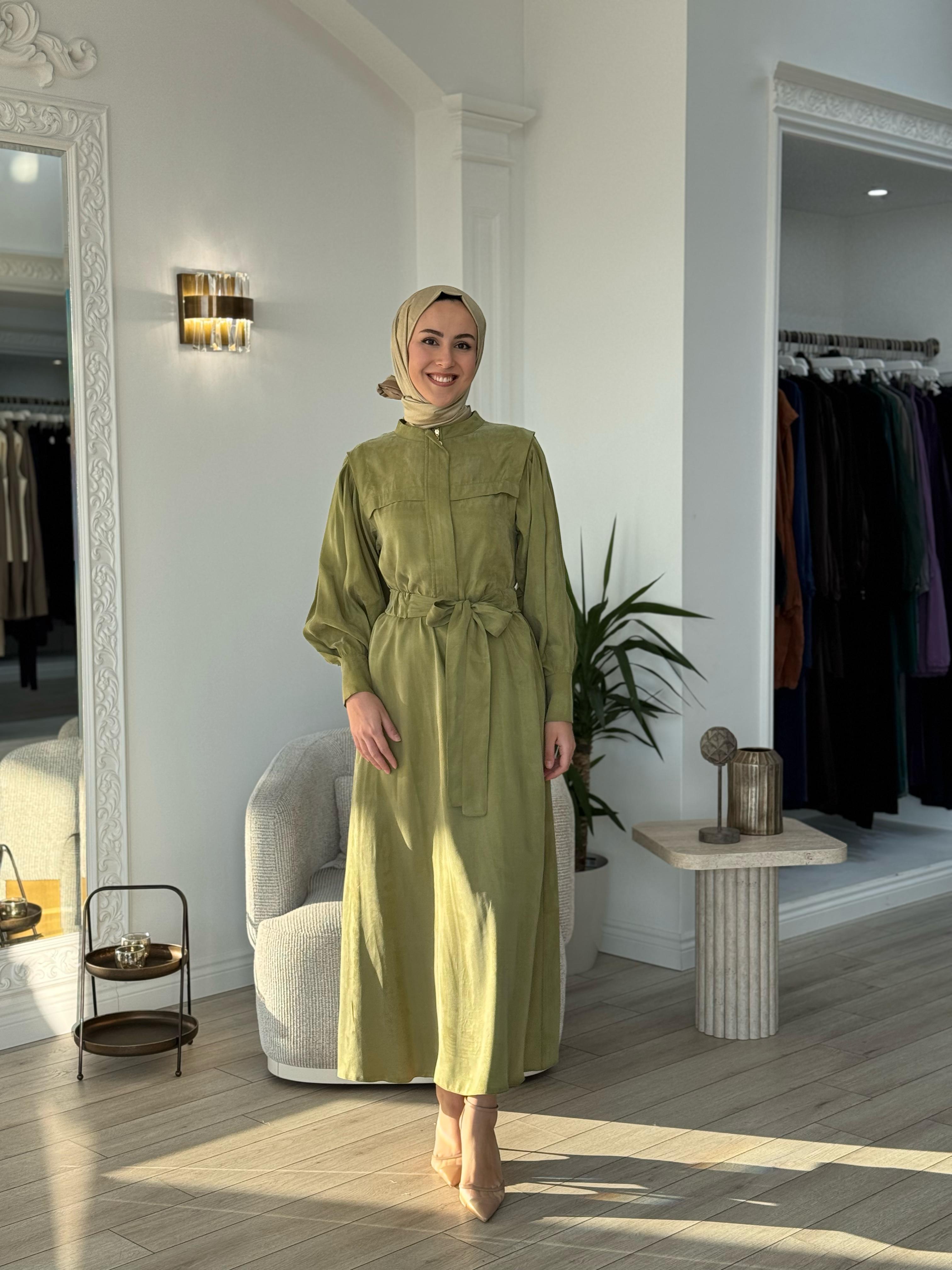 Niqozza Lilia İpek Fermuarlı Elbise Yeşil 25ss50172