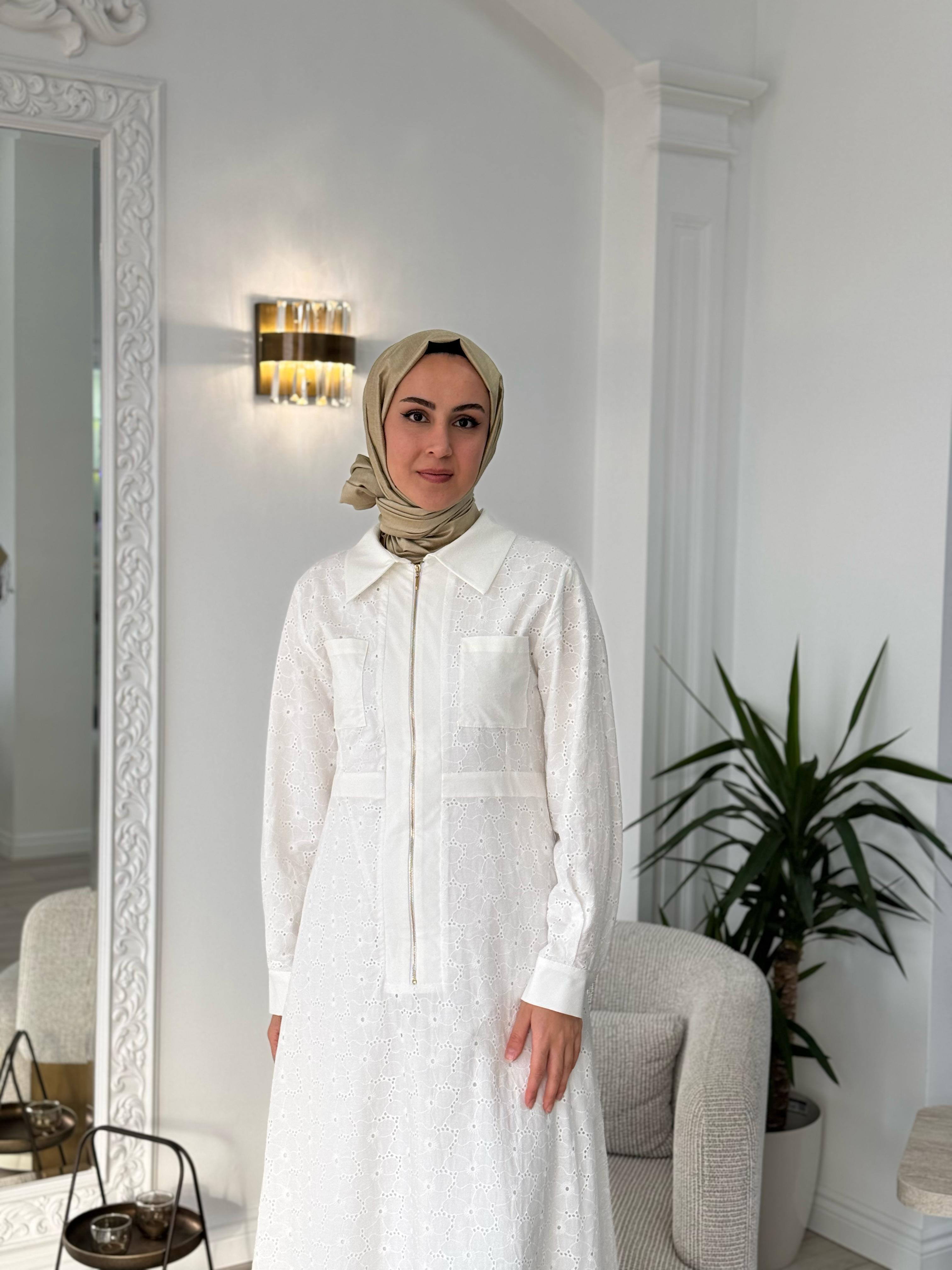 Niqozza Nisa Brode Elbise Beyaz 50113