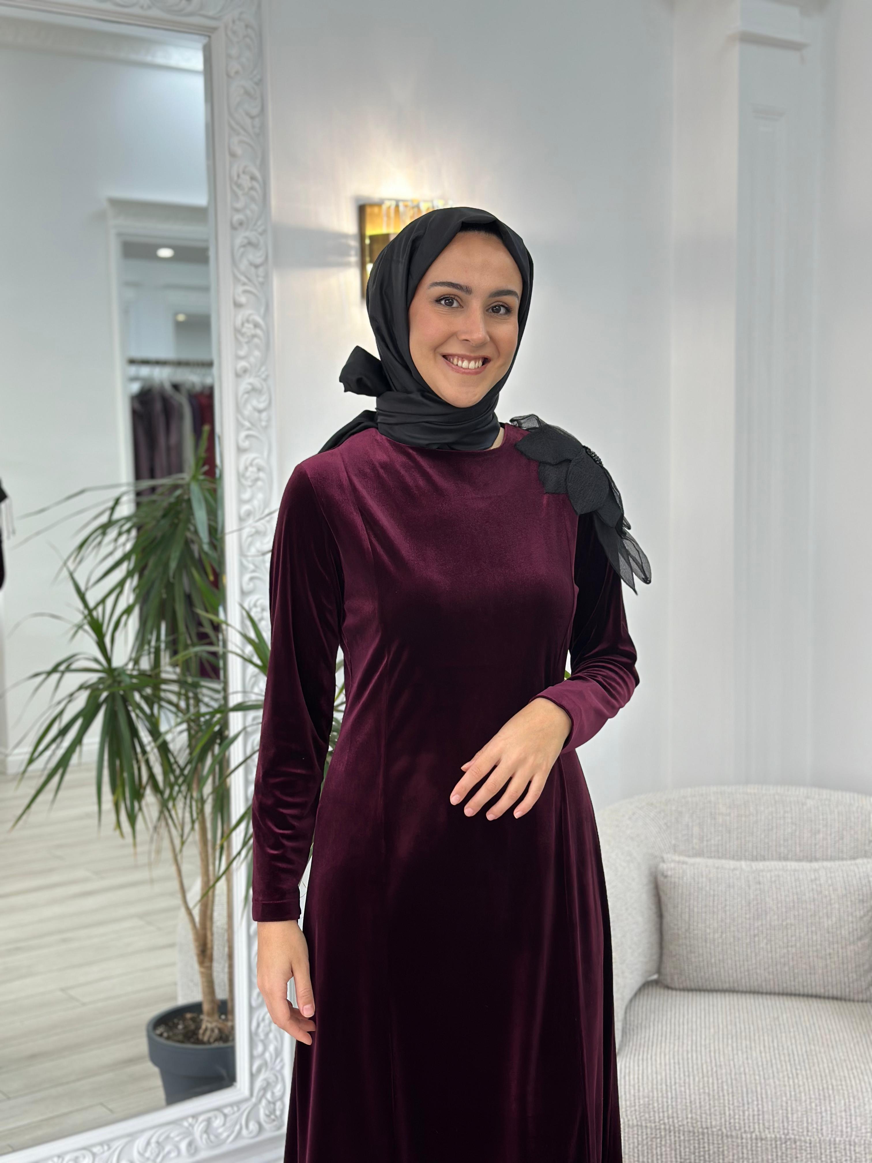 Niqozza Noemi Kadife Elbise Vişne nq25fw-50153