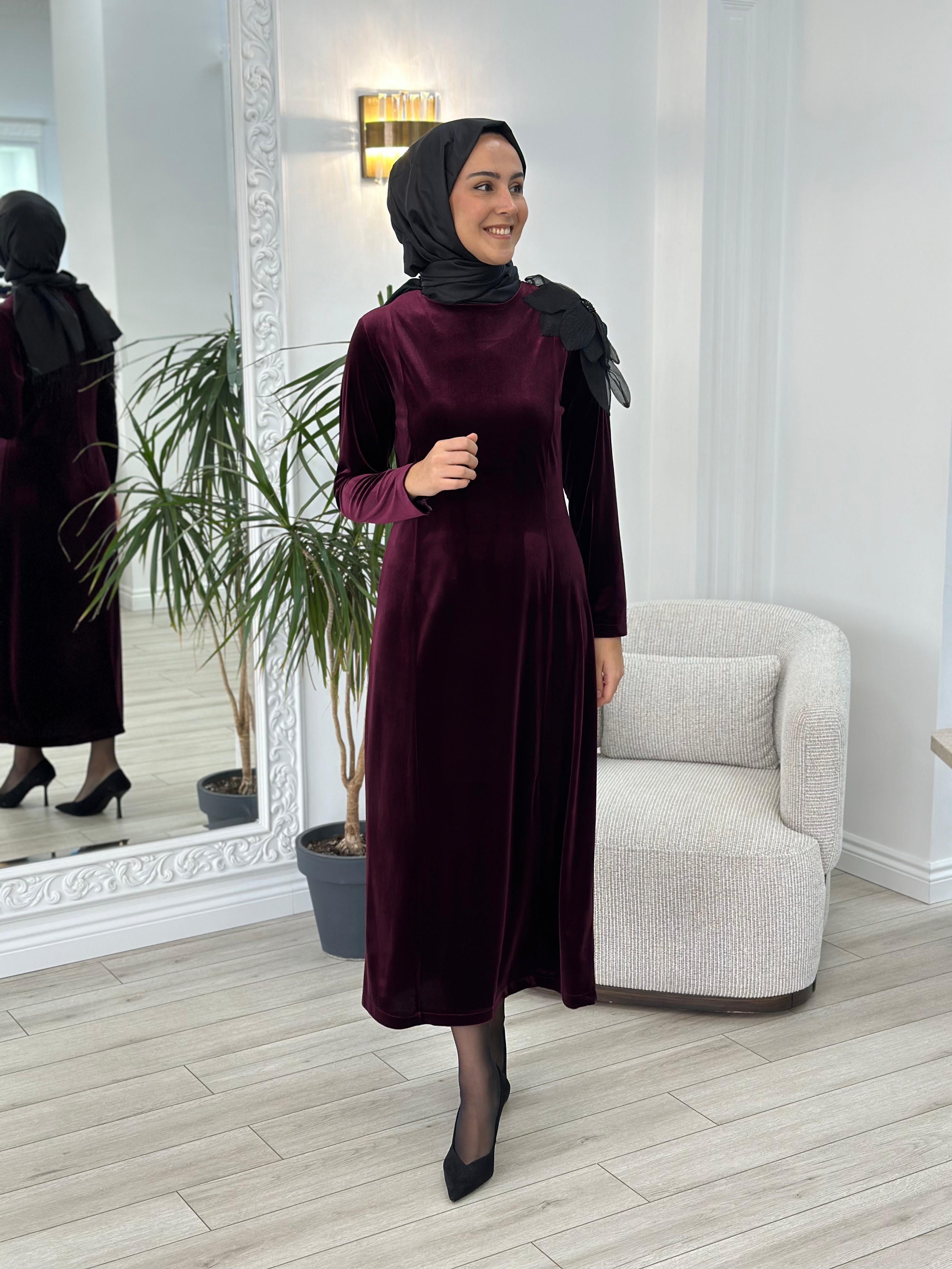 Niqozza Noemi Kadife Elbise Vişne nq25fw-50153