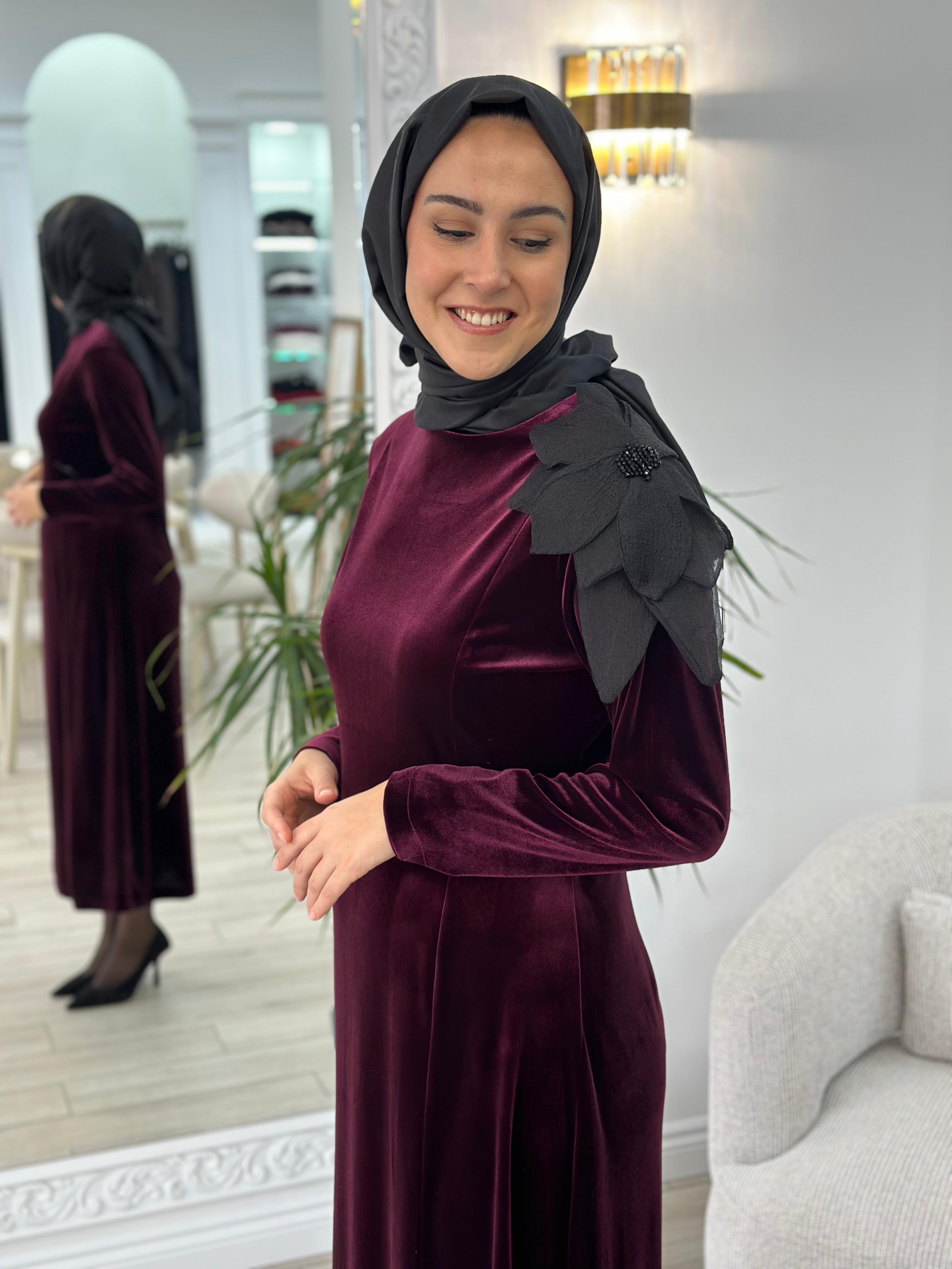Niqozza Noemi Kadife Elbise Vişne nq25fw-50153