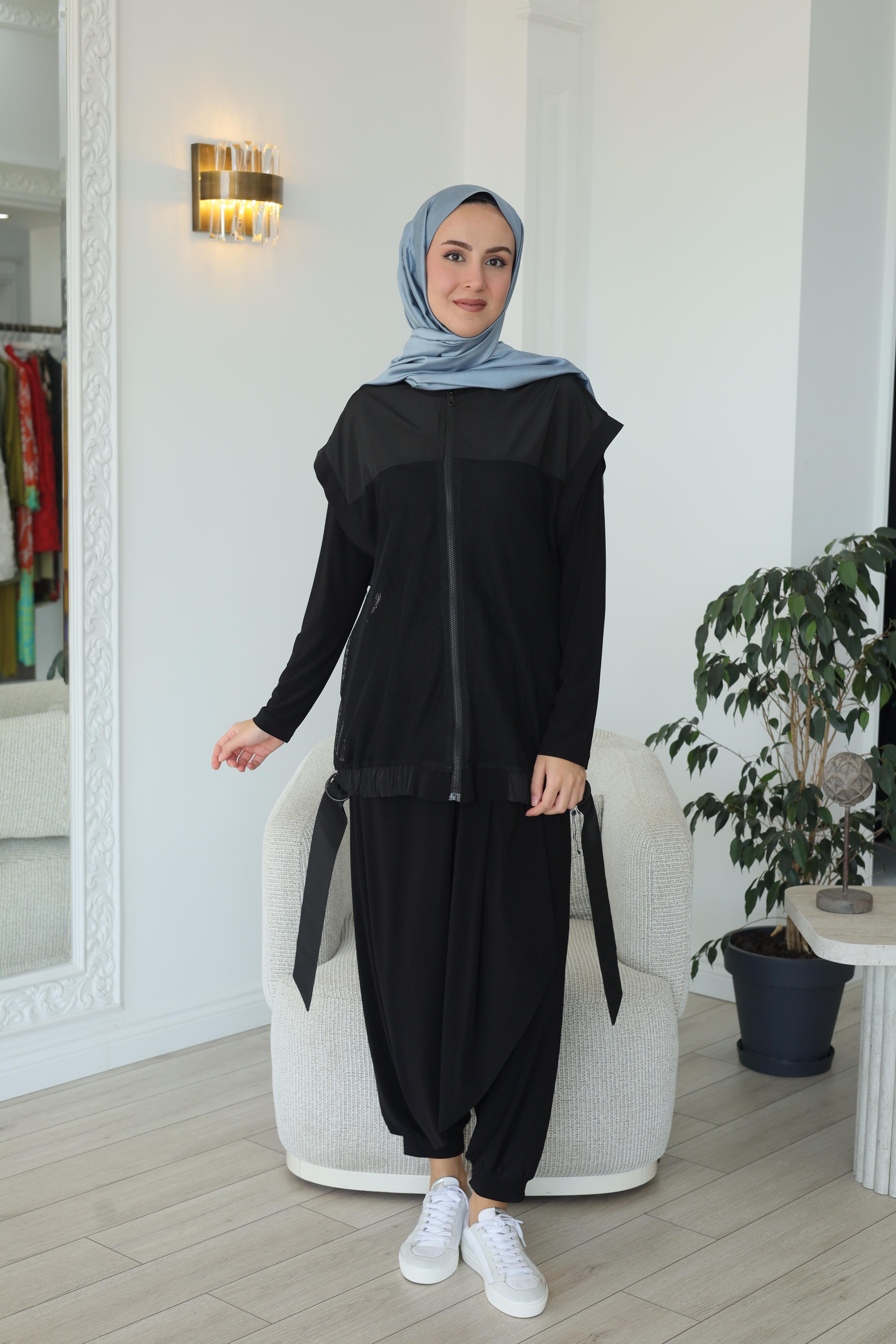 Nurcan Çetin Asimetrik Şalvarlı File Detaylı Takım 25612