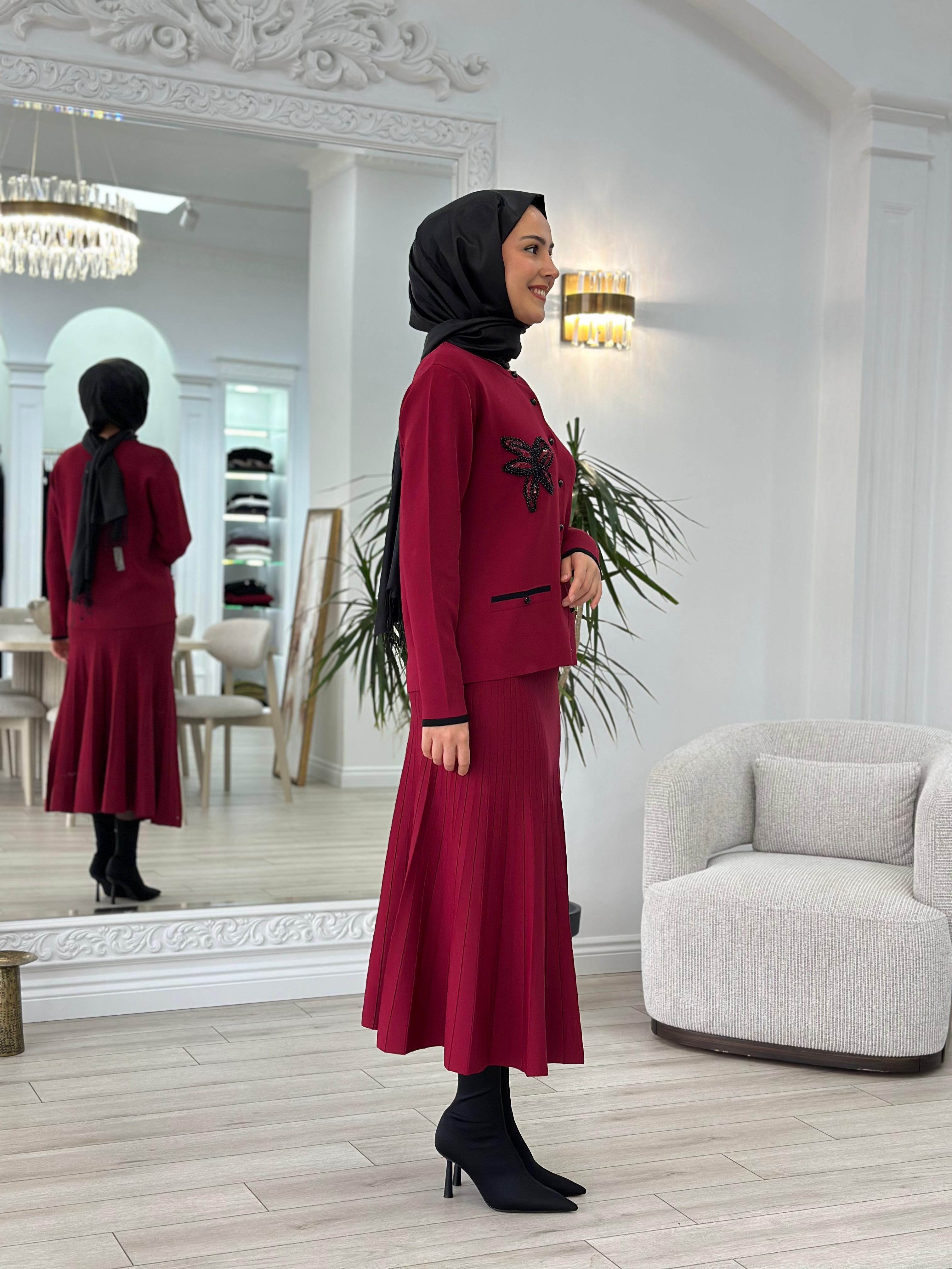 Nurcan Çetin Çizgili Blazer Takım Bordo nç006
