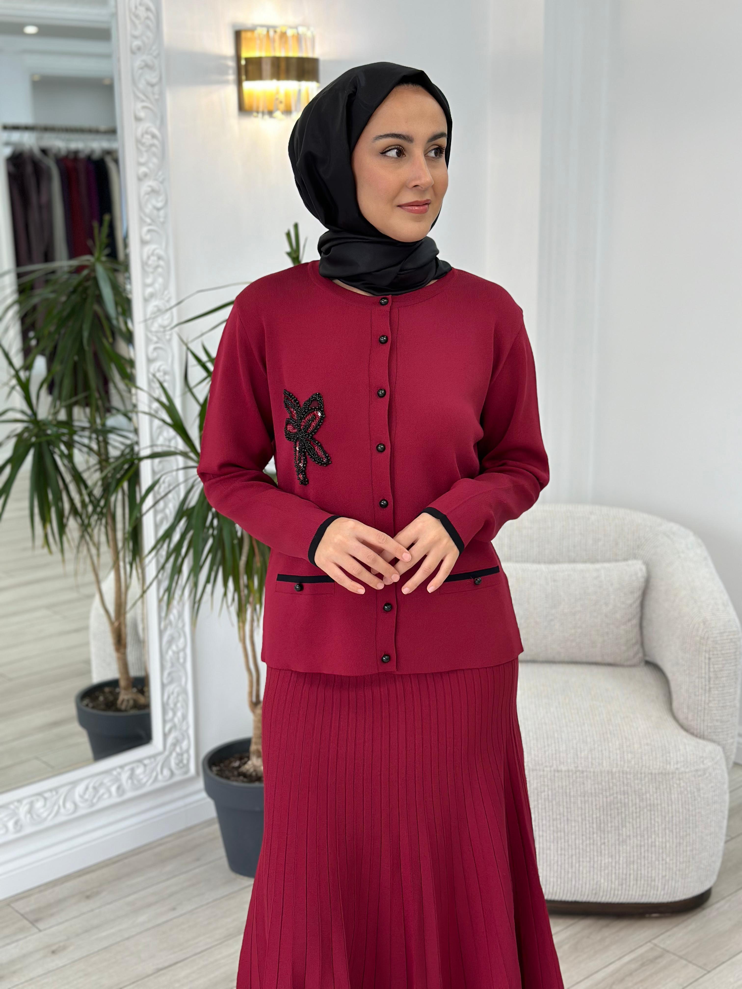 Nurcan Çetin Çizgili Blazer Takım Bordo nç006