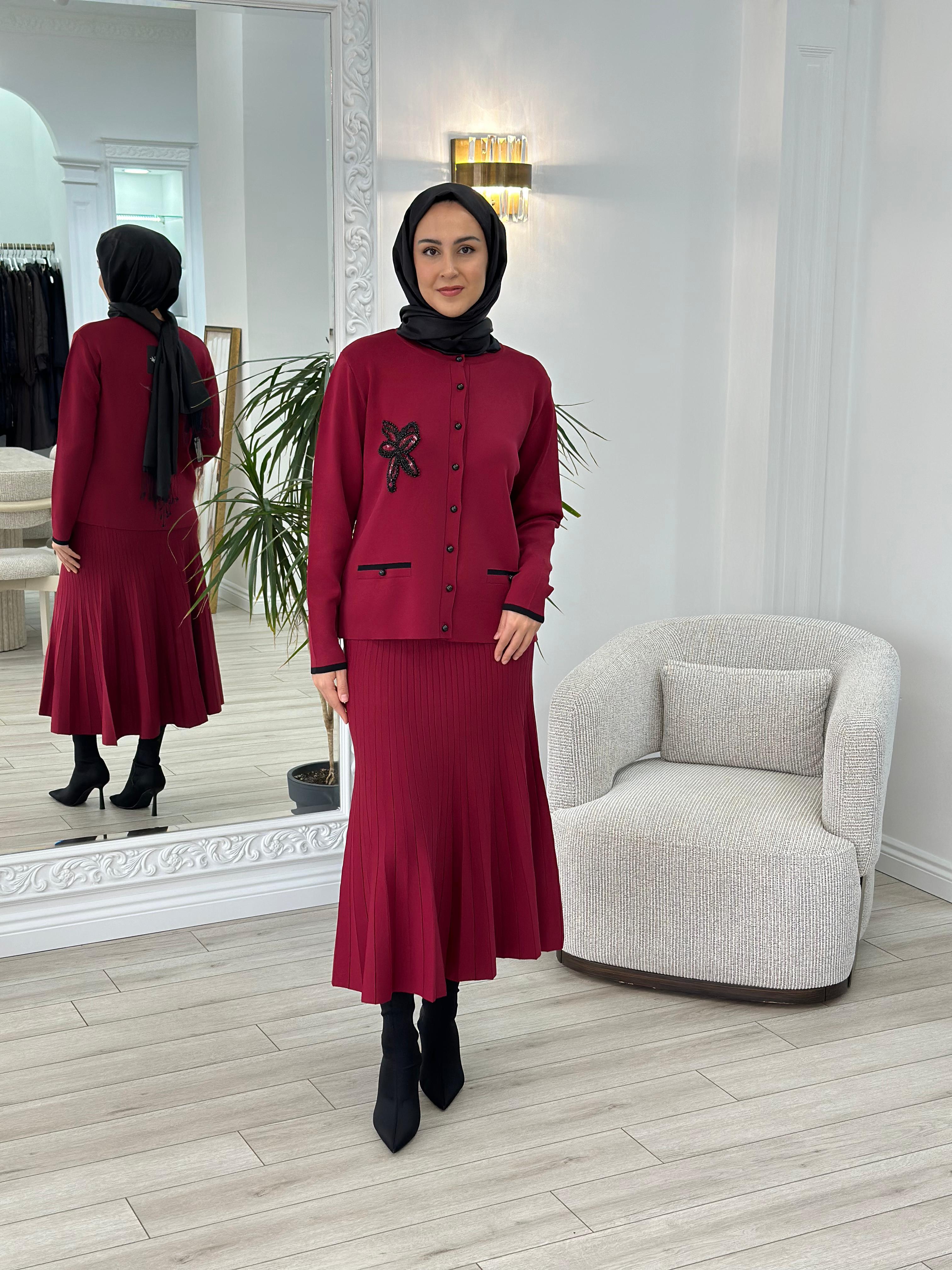 Nurcan Çetin Çizgili Blazer Takım Bordo nç006