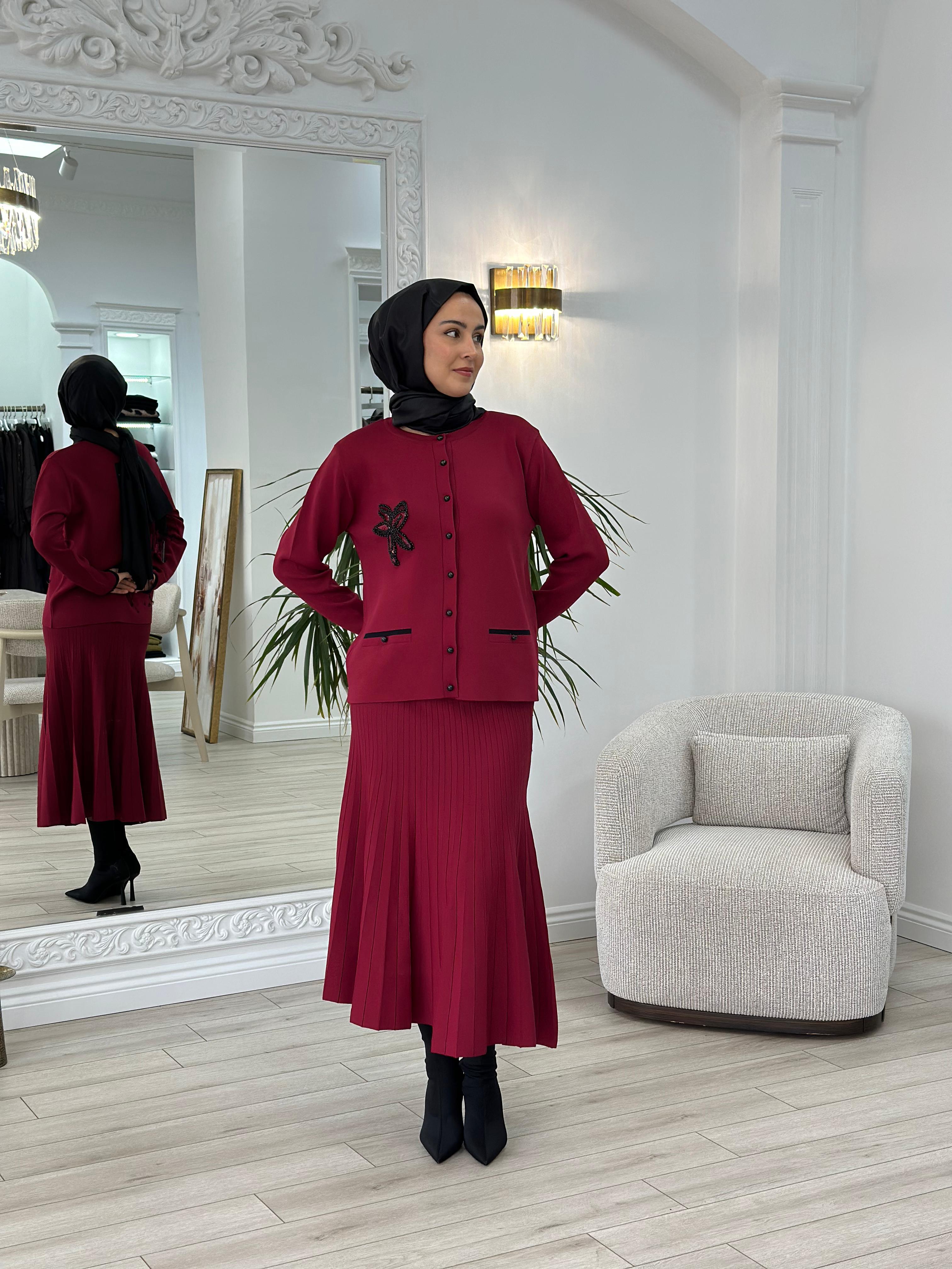 Nurcan Çetin Çizgili Blazer Takım Bordo nç006
