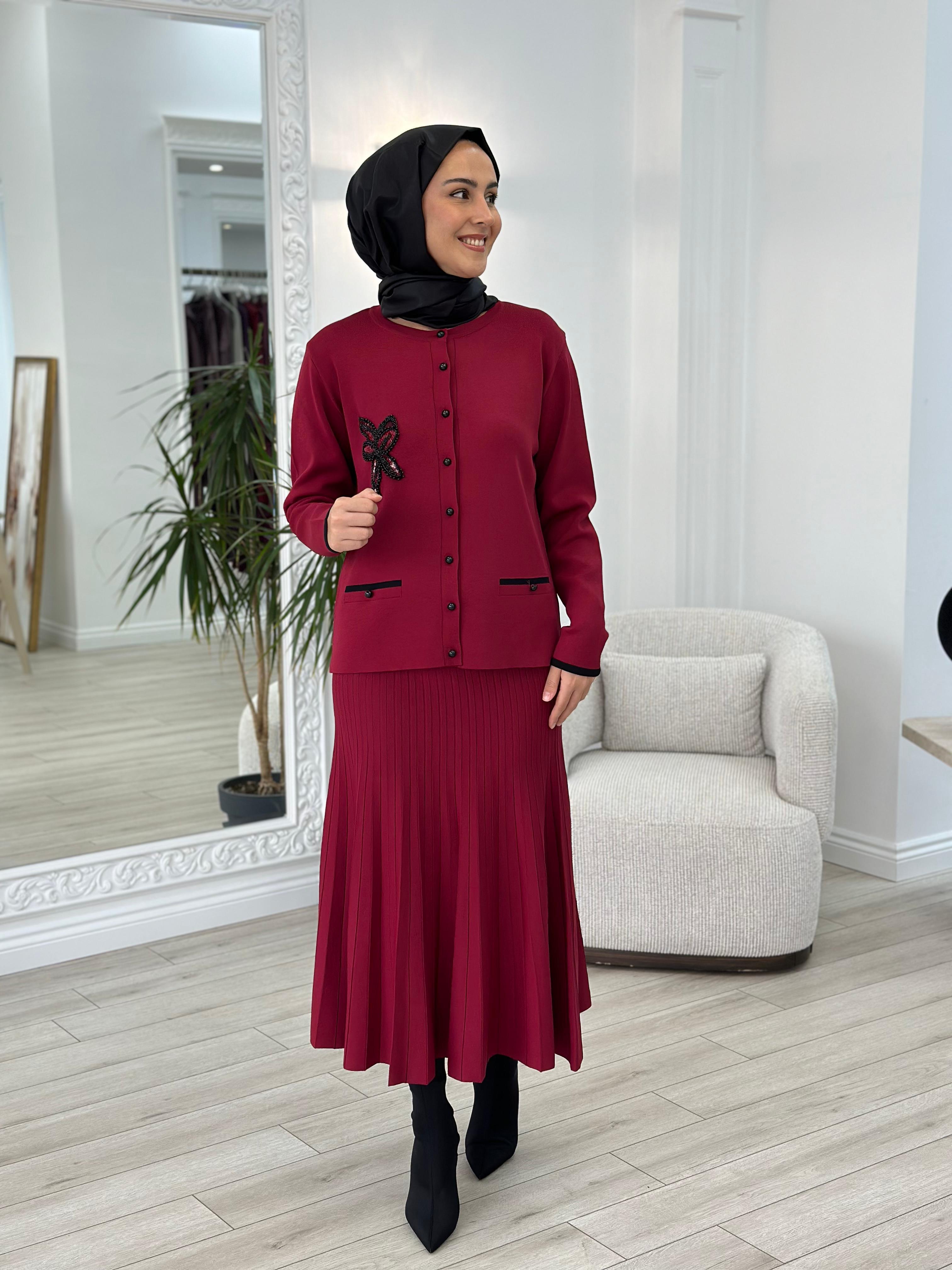 Nurcan Çetin Çizgili Blazer Takım Bordo nç006
