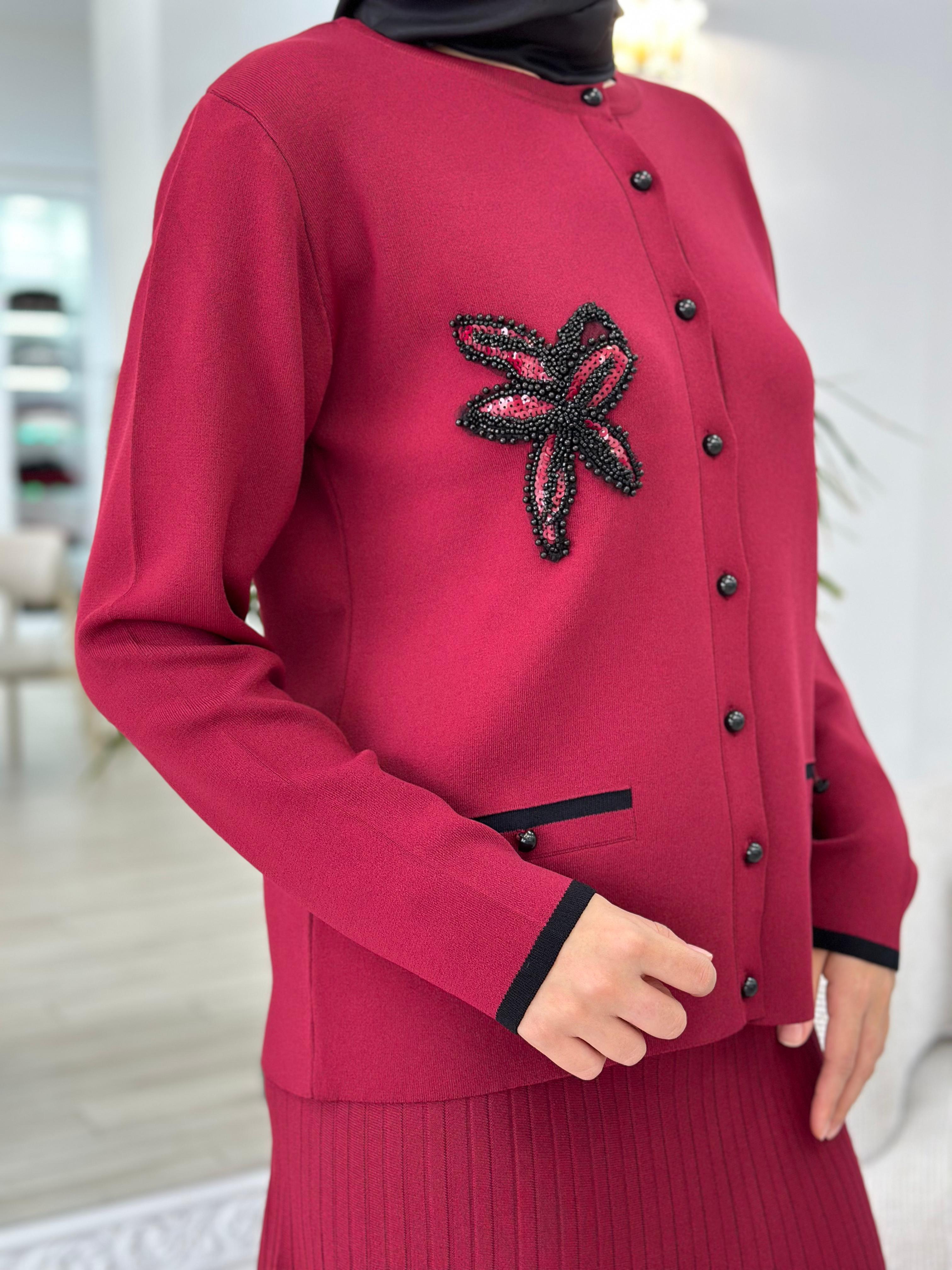Nurcan Çetin Çizgili Blazer Takım Bordo nç006