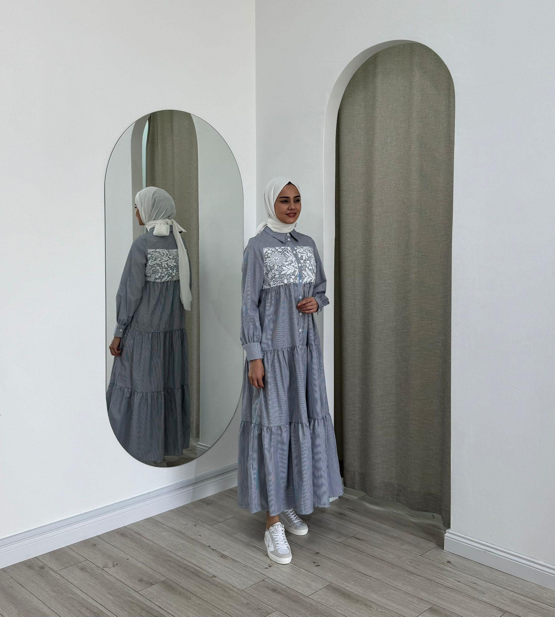 Nurcan Çetin Çizgili Elbise Lacivert 25130