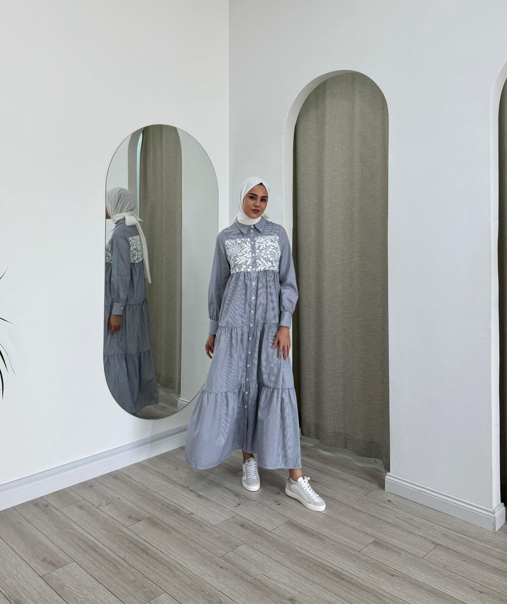 Nurcan Çetin Çizgili Elbise Lacivert 25130