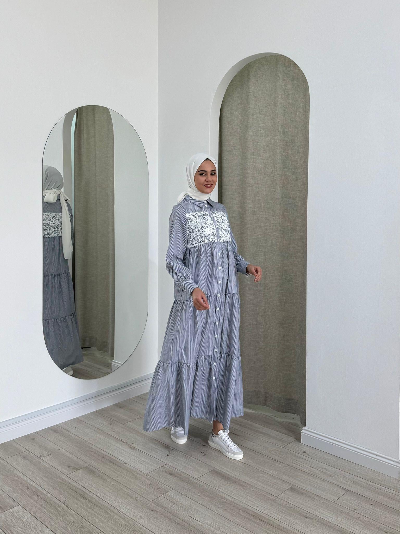 Nurcan Çetin Çizgili Elbise Lacivert 25130