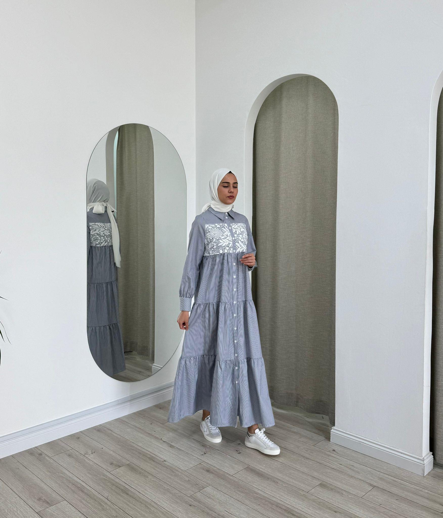 Nurcan Çetin Çizgili Elbise Lacivert 25130