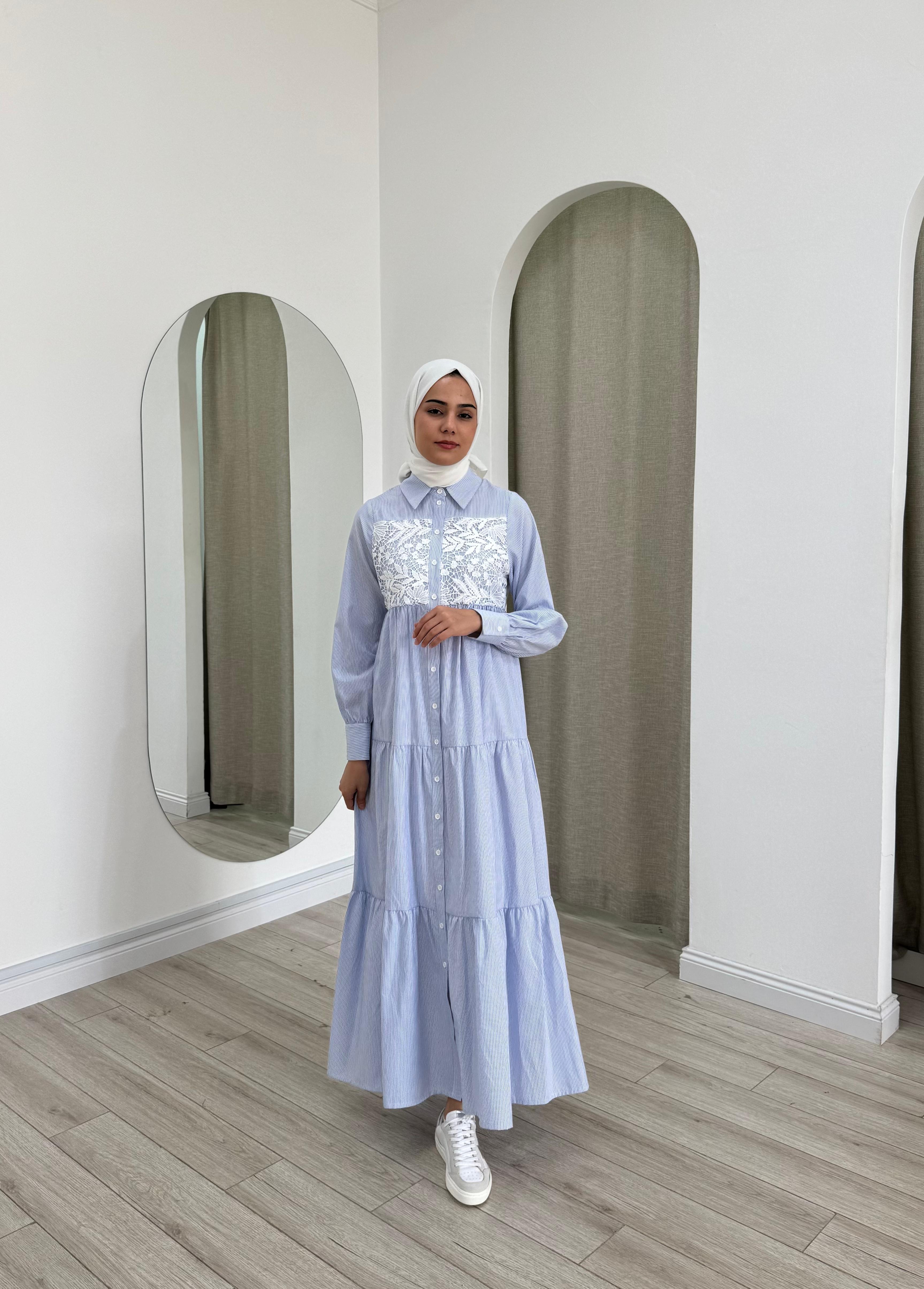 Nurcan Çetin Çizgili Elbise Mavi 25130