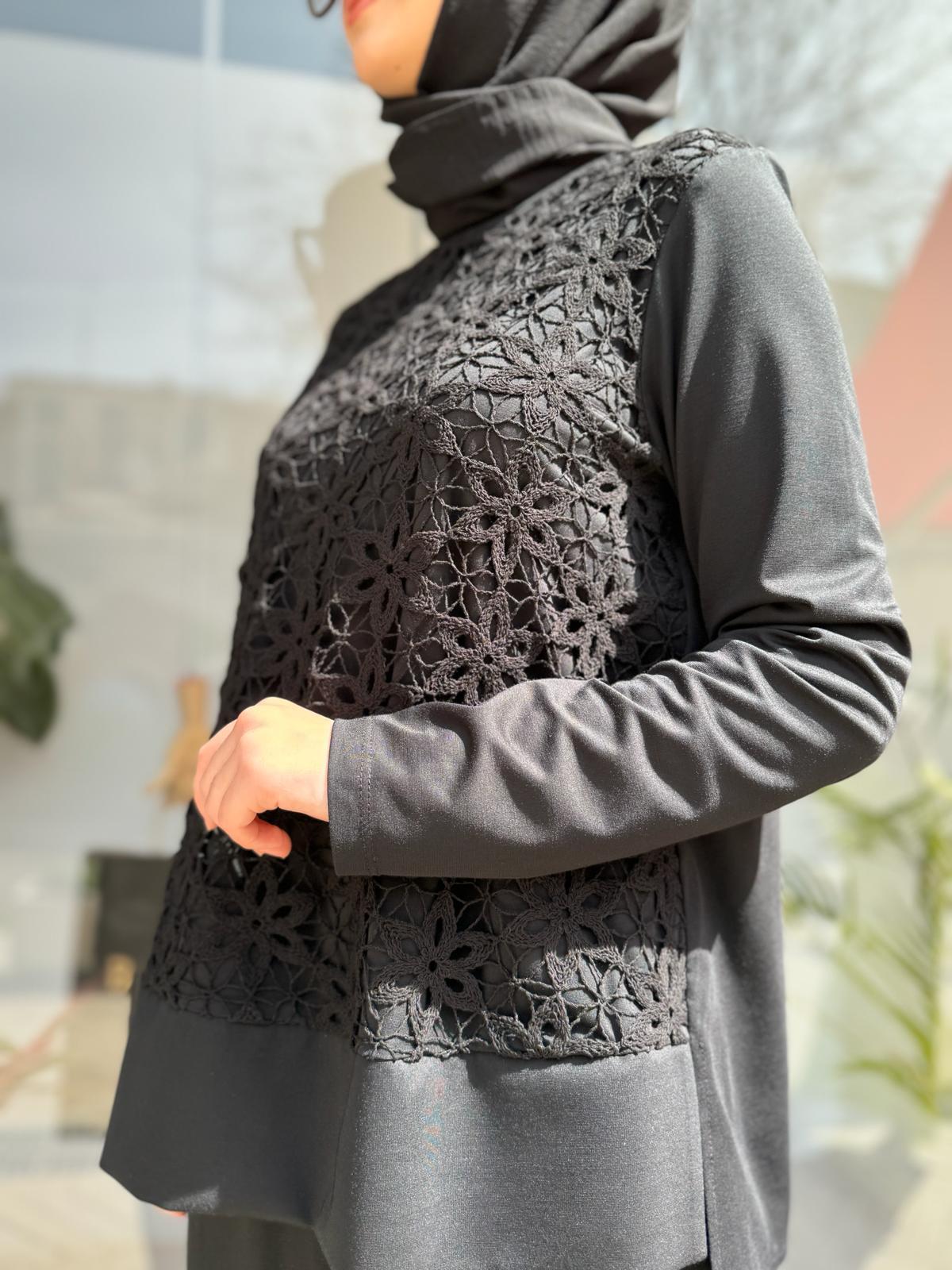 Nurcan Çetin Dantel Detaylı Etekli Tunik Takım Siyah 24479