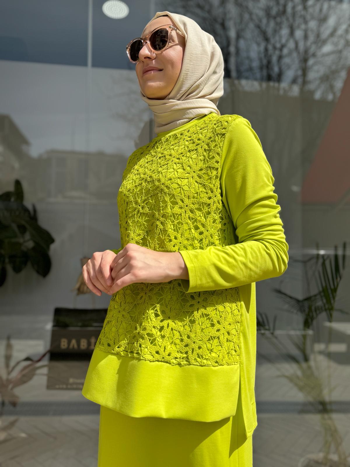 Nurcan Çetin Dantel Detaylı Etekli Tunik Takım Asit 24479