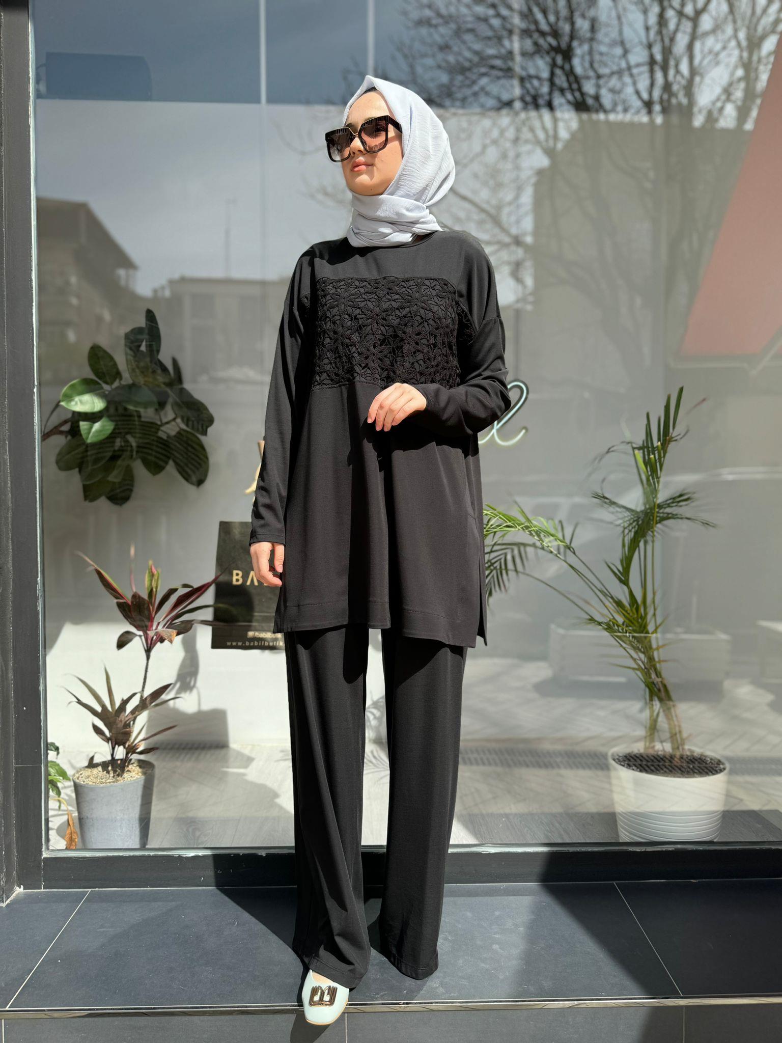 Nurcan Çetin Dantel Detaylı Pantolonlu Tunik Takım Siyah 24478