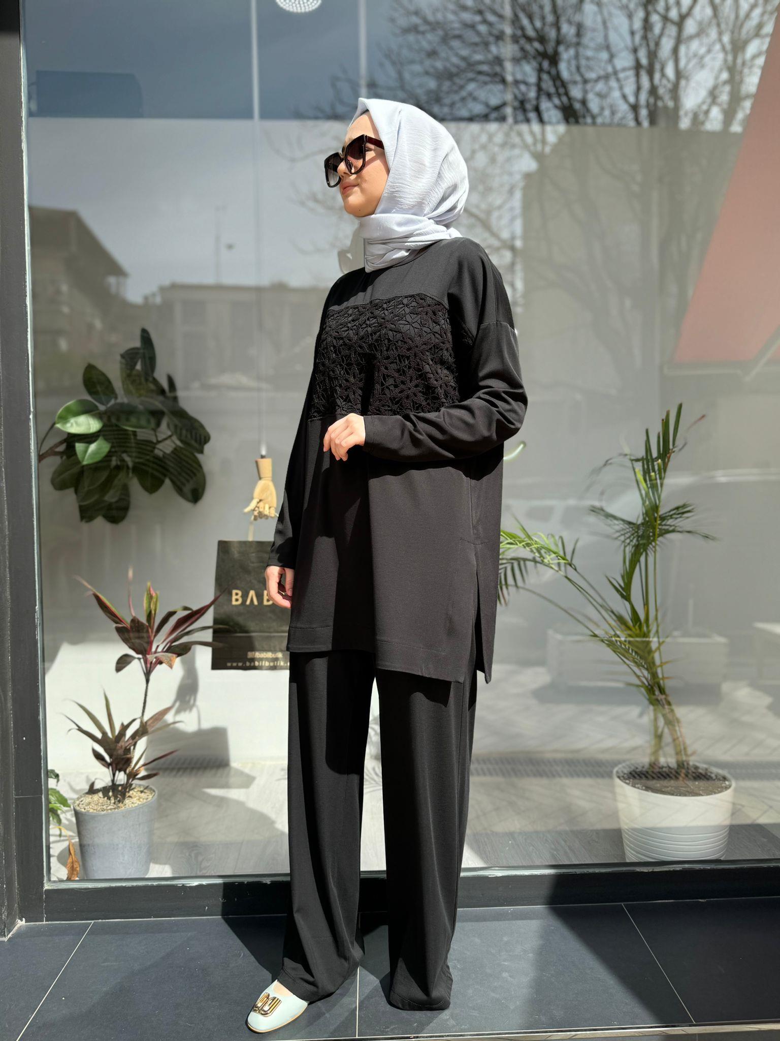 Nurcan Çetin Dantel Detaylı Pantolonlu Tunik Takım Siyah 24478