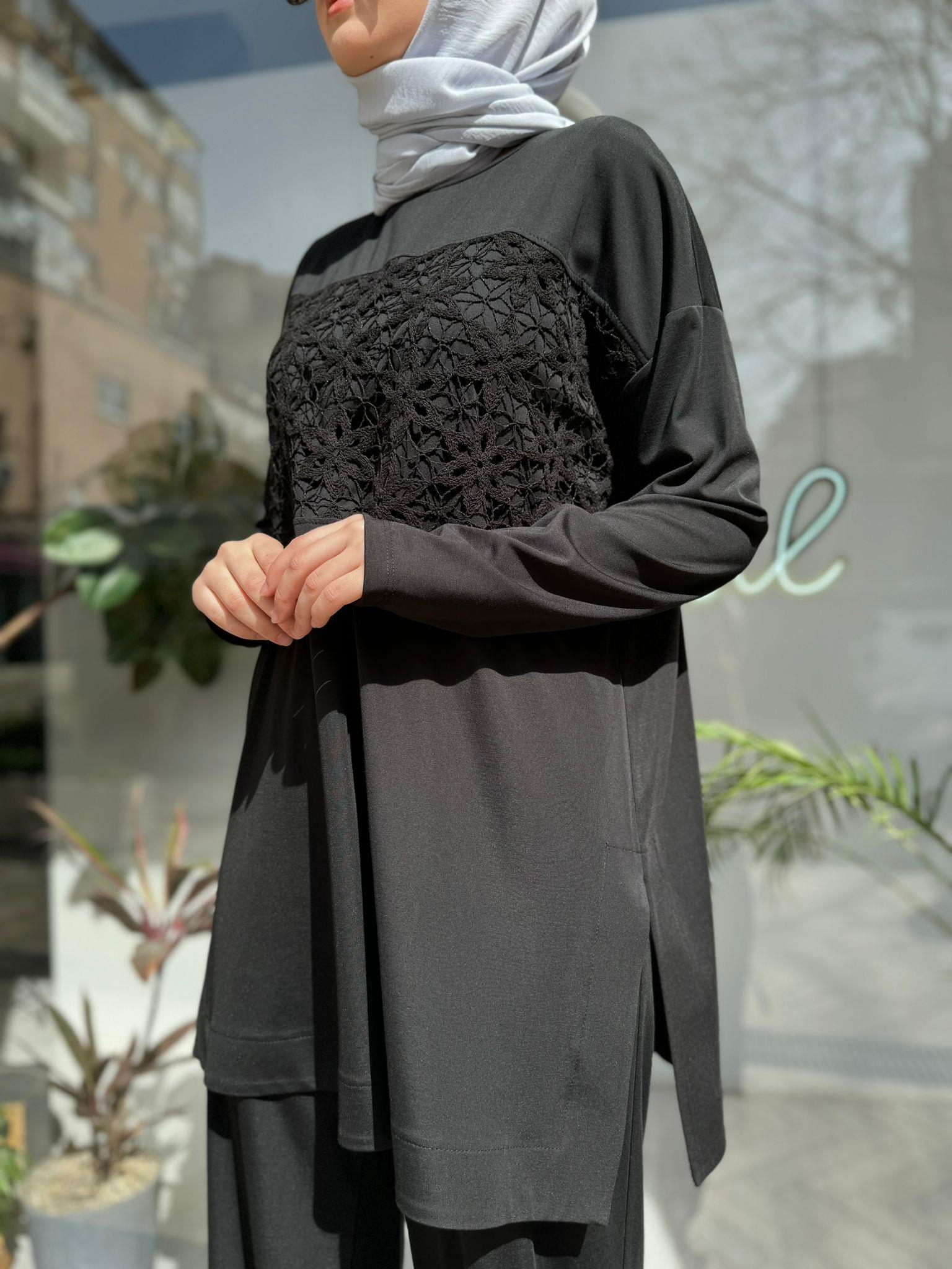 Nurcan Çetin Dantel Detaylı Pantolonlu Tunik Takım Siyah 24478