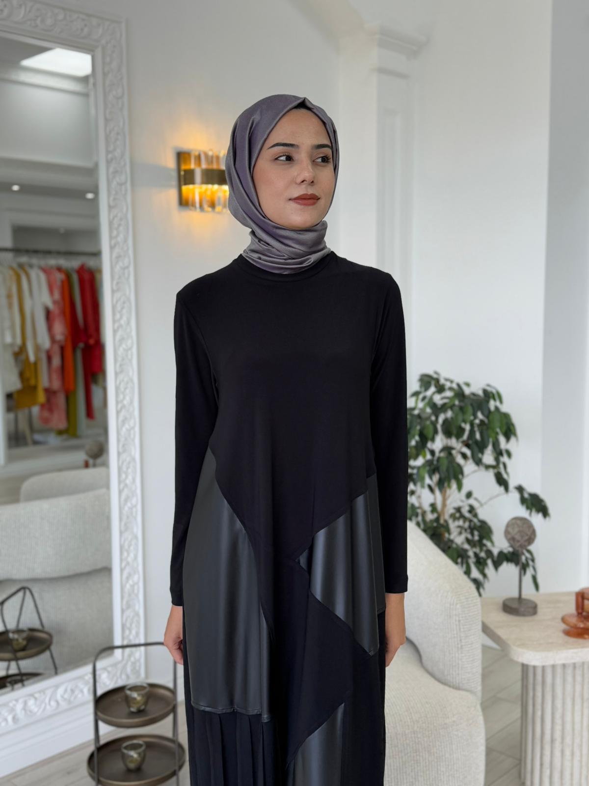 Nurcan Çetin Deri Detaylı Elbise 25180