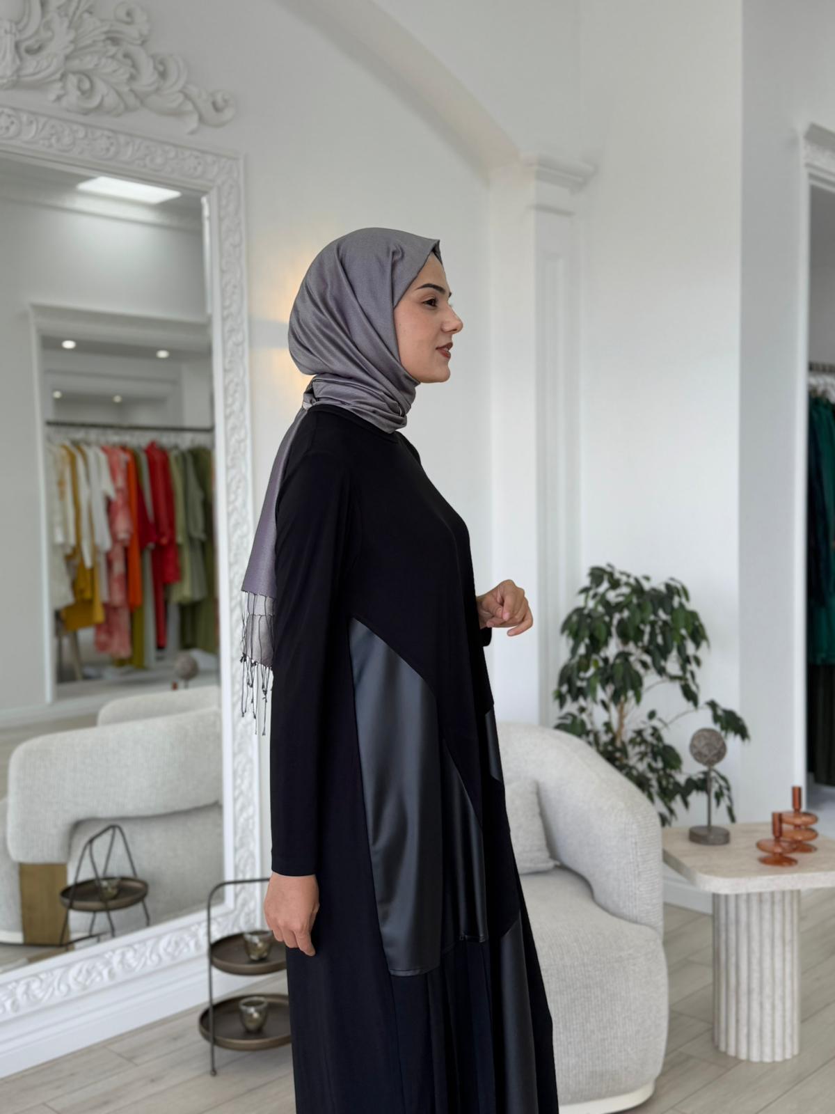 Nurcan Çetin Deri Detaylı Elbise 25180