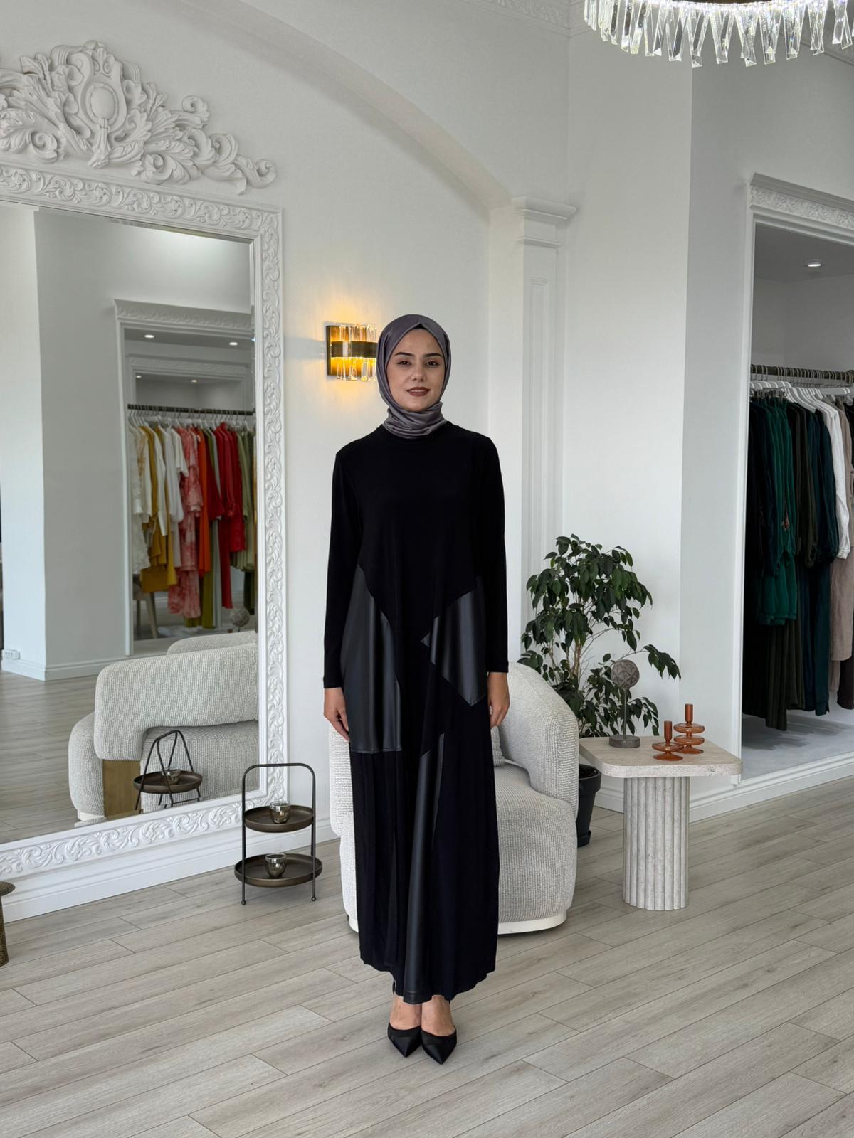 Nurcan Çetin Deri Detaylı Elbise 25180