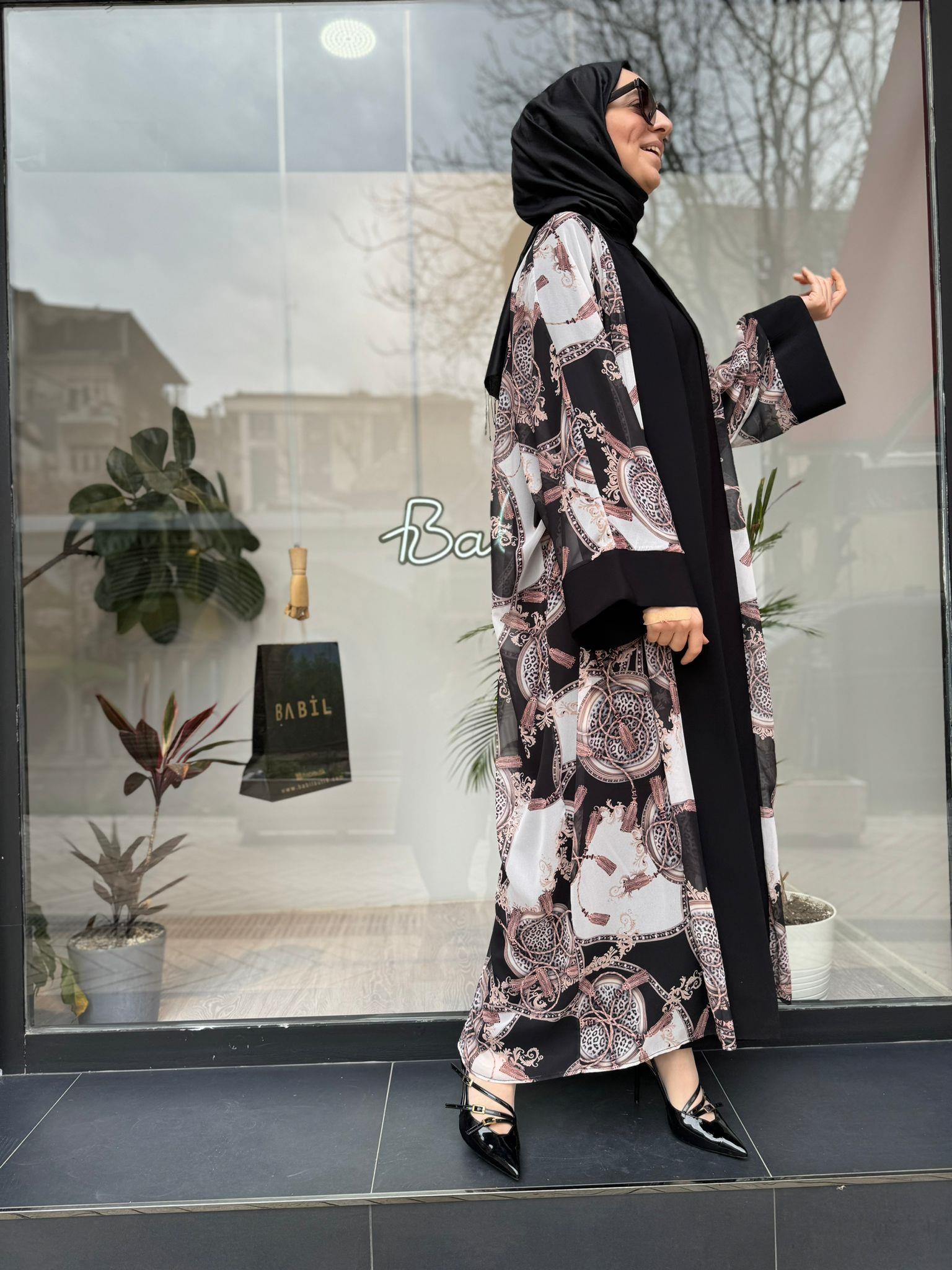 Nurcan Çetin Desenli Şifon Abaya Kahve 7651