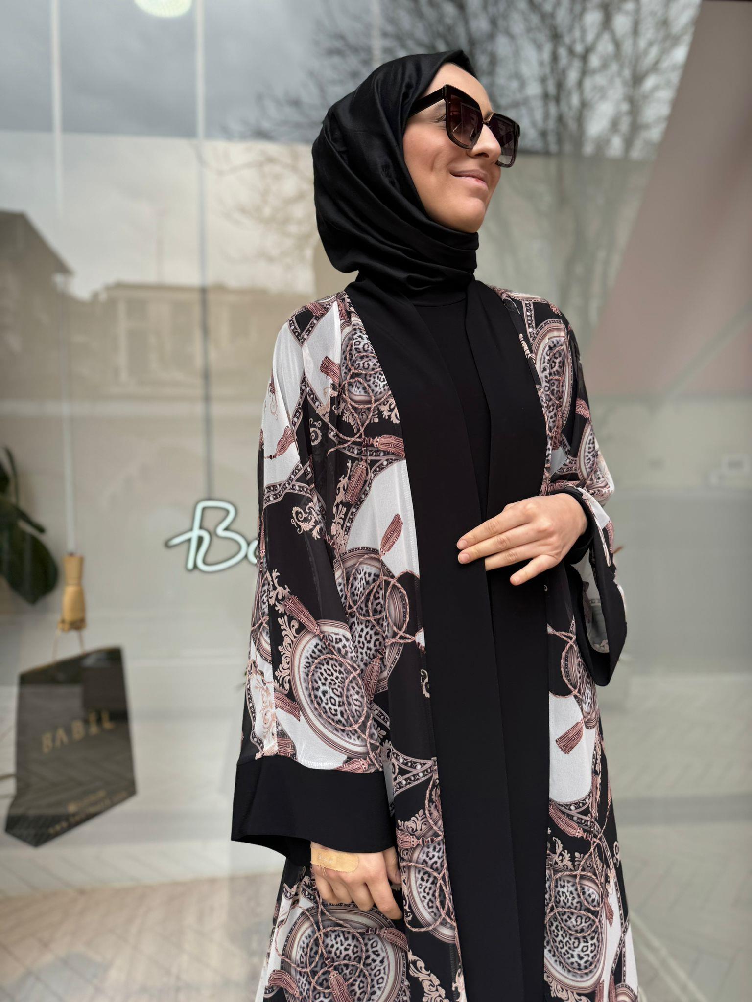 Nurcan Çetin Desenli Şifon Abaya Kahve 7651