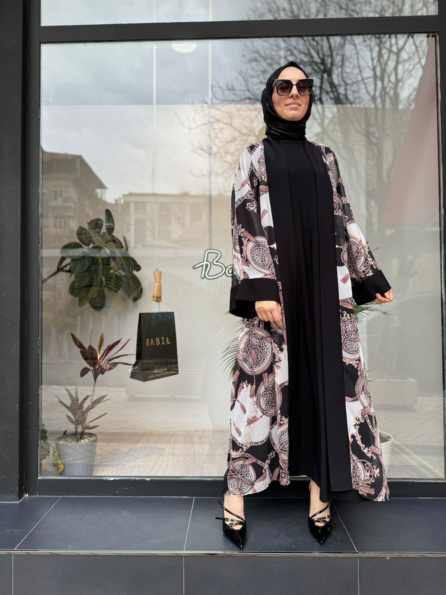 Nurcan Çetin Desenli Şifon Abaya Kahve 7651